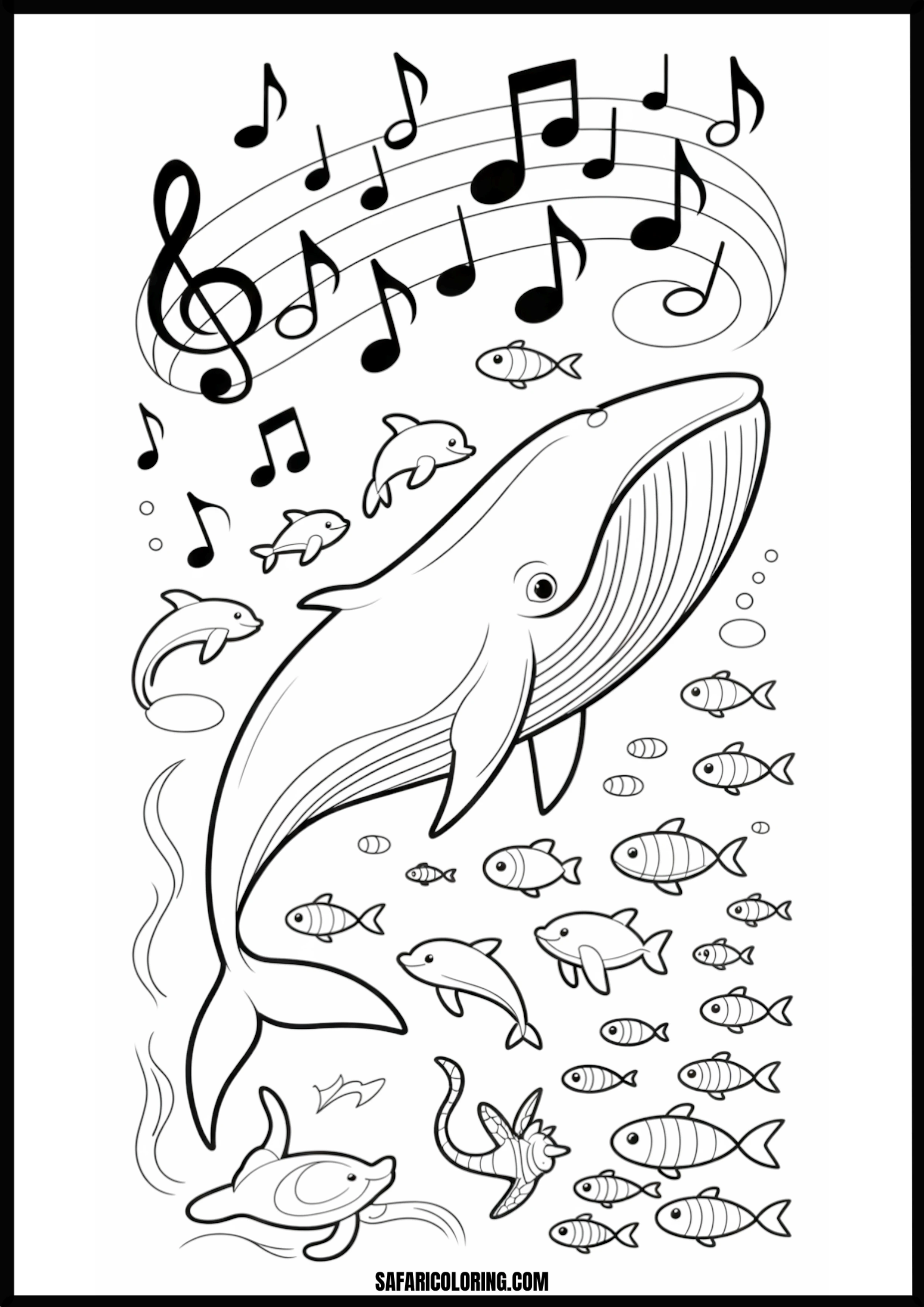 Whale Dolphins Fish Musical Underwater Scene Coloring Page A whale, dolphins, and fish in a whimsical musical underwater scene.