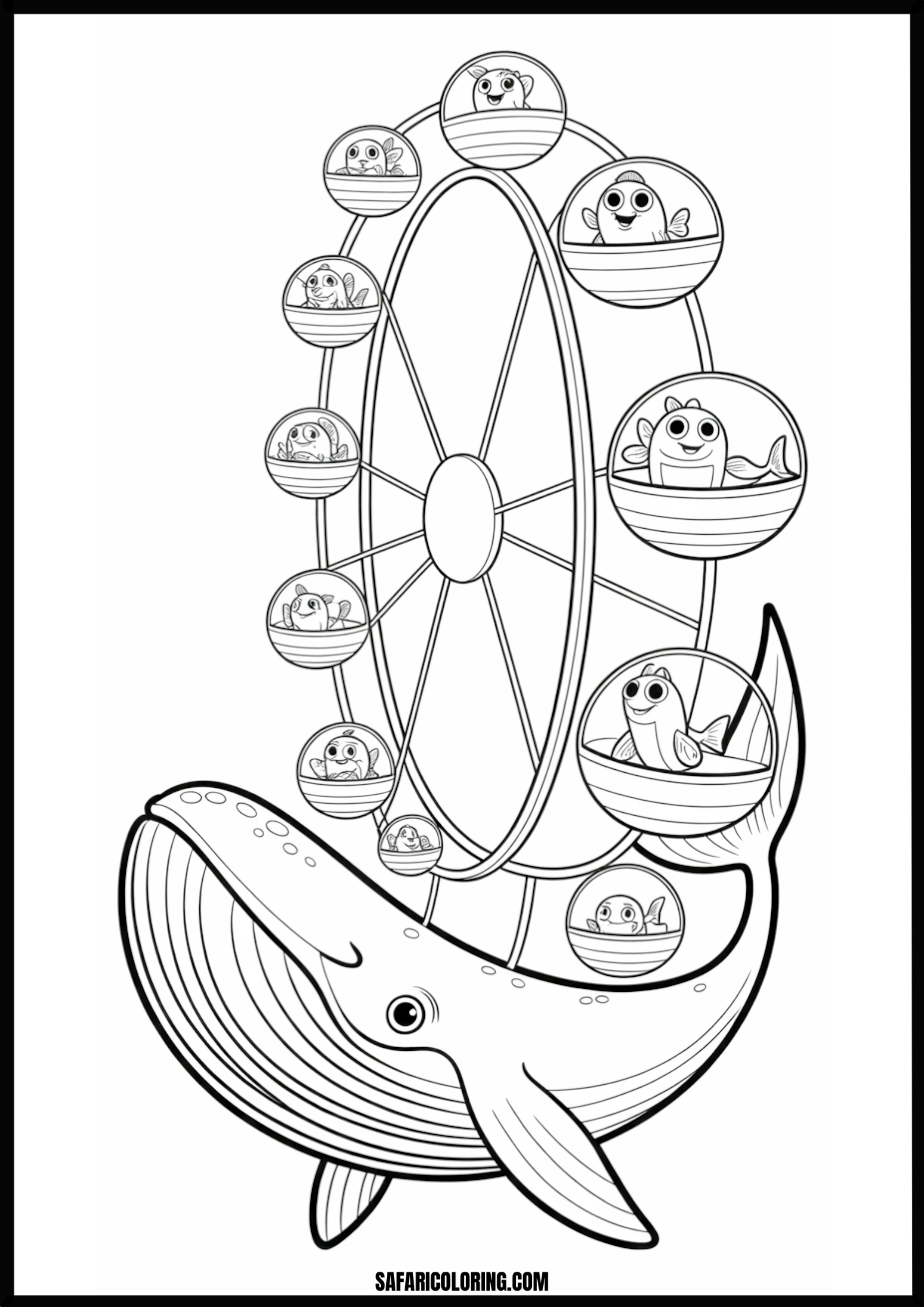 Whale Ferris Wheel for Fish Coloring Page Coloring page of a whale as a Ferris wheel for fish.