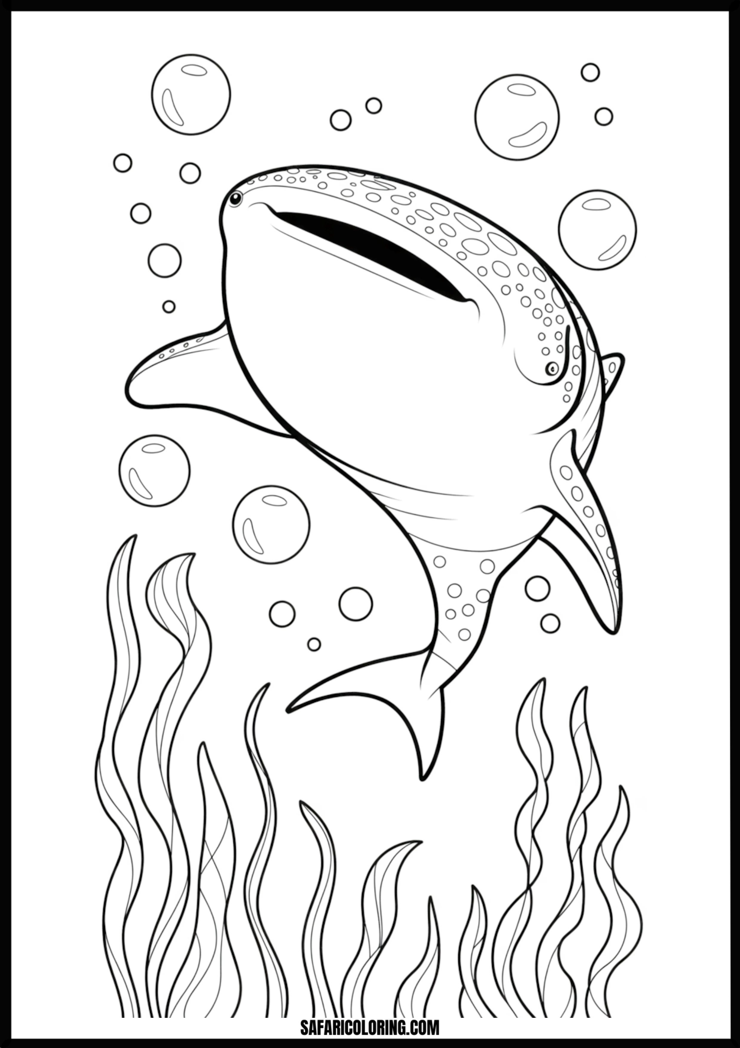 Whale Shark Underwater with Bubbles and Seaweed Coloring Page Whale shark underwater with bubbles and seaweed