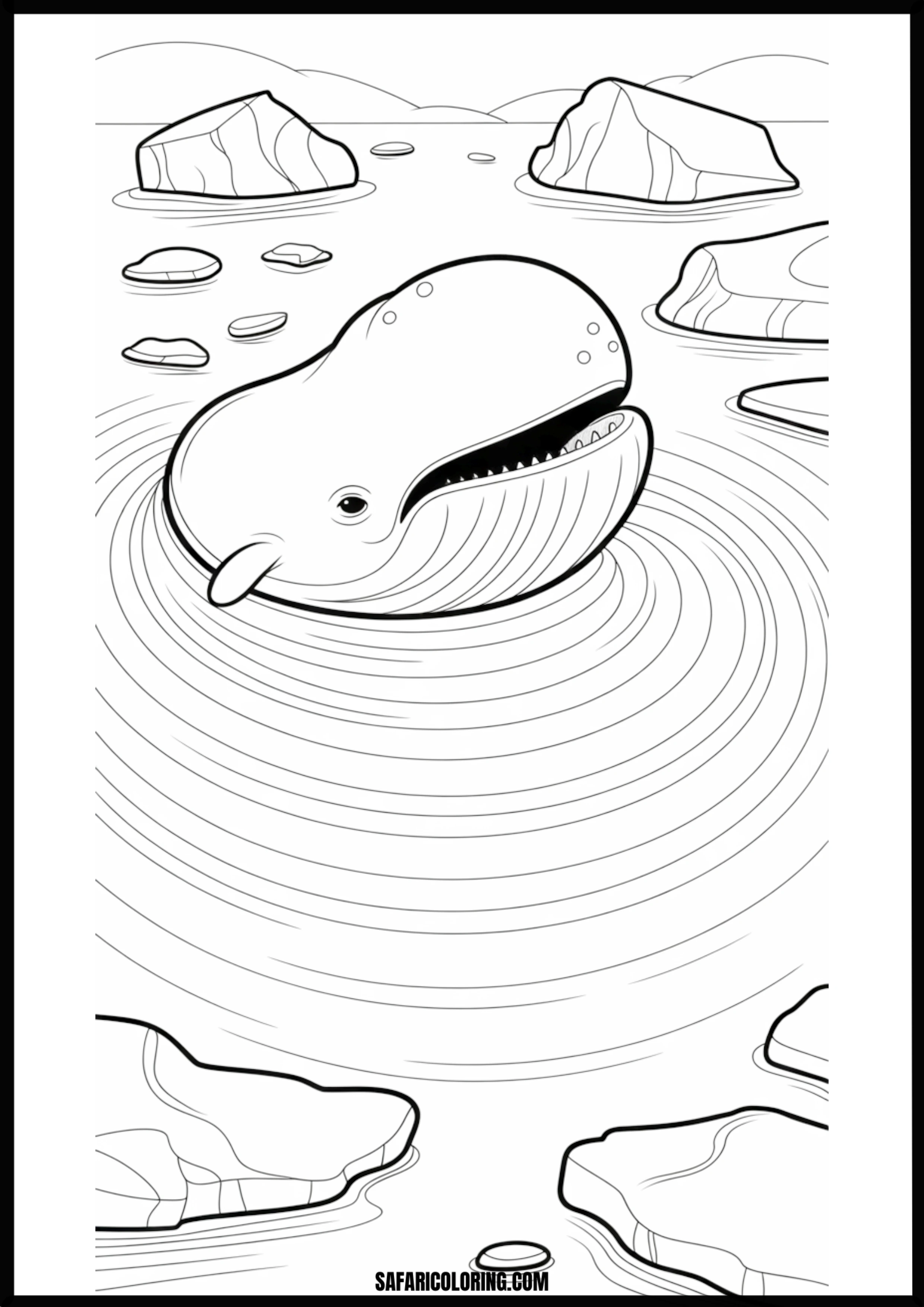 Whale and Arctic Ice Formations Coloring Page Coloring page of a whale swimming near ice formations.