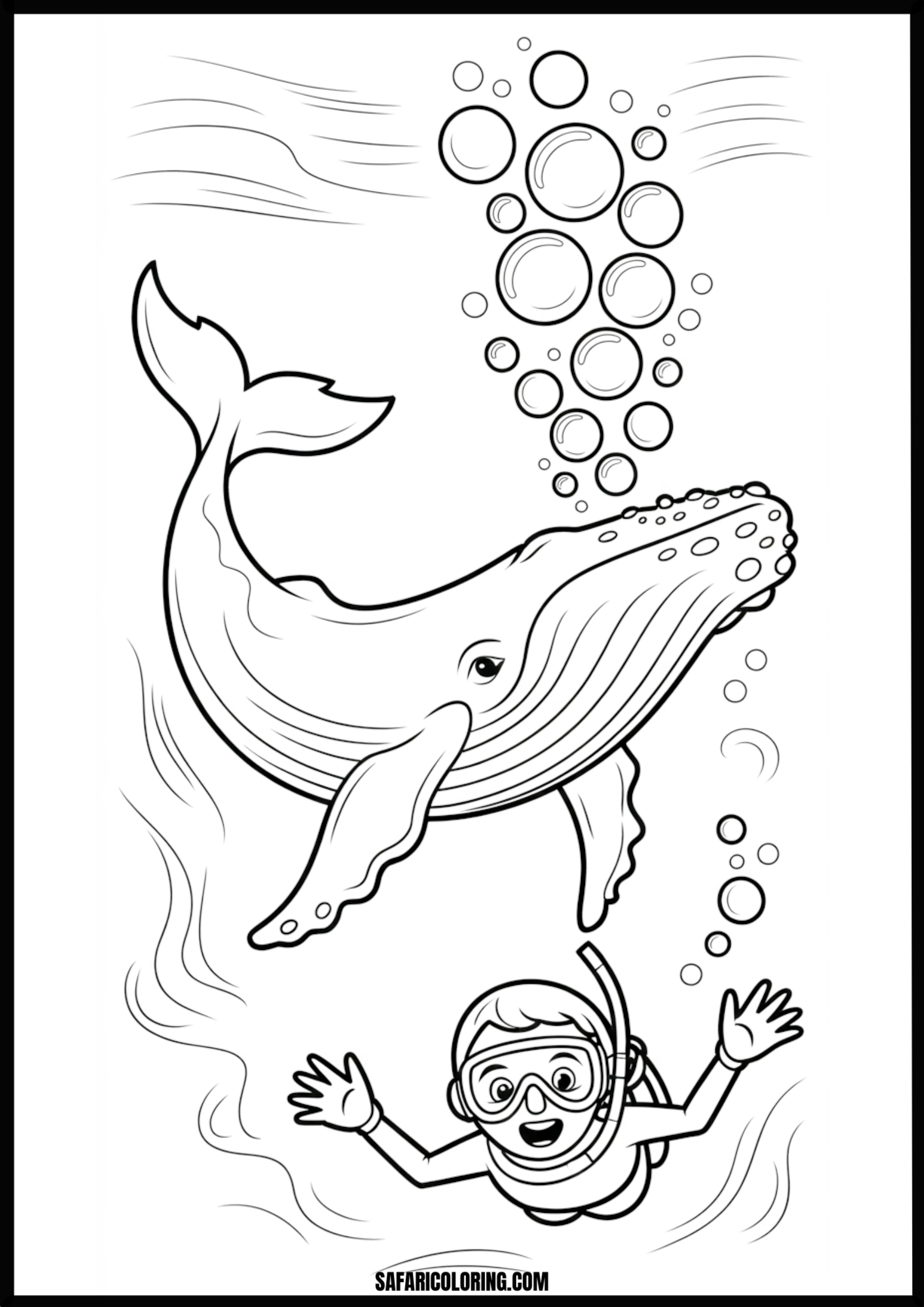Whale and Kid Underwater Adventure Coloring Page Coloring page of a whale and a kid on an underwater adventure.