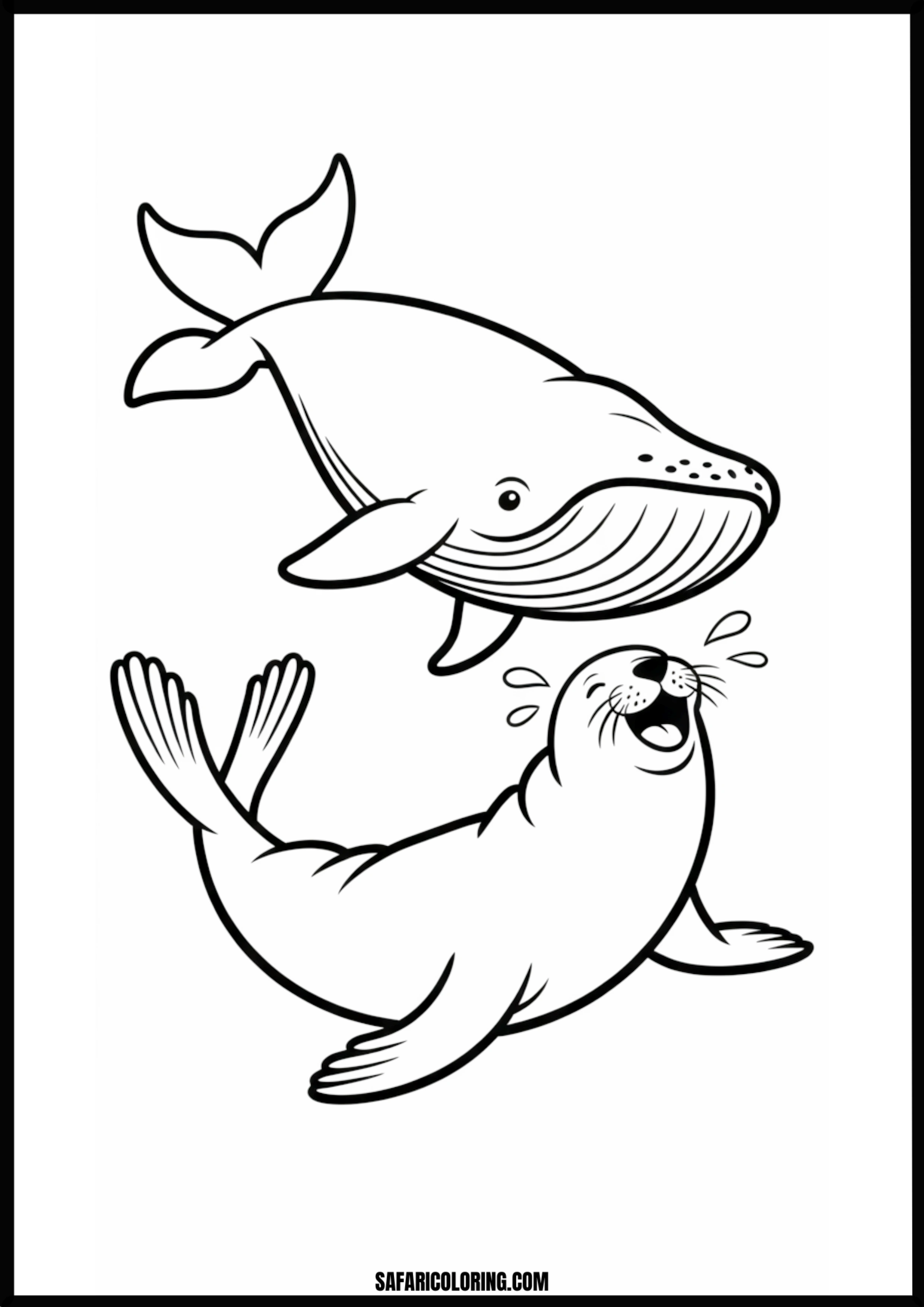 Whale and Laughing Seal Ocean Friends Coloring Coloring page of a whale swimming with a laughing seal.