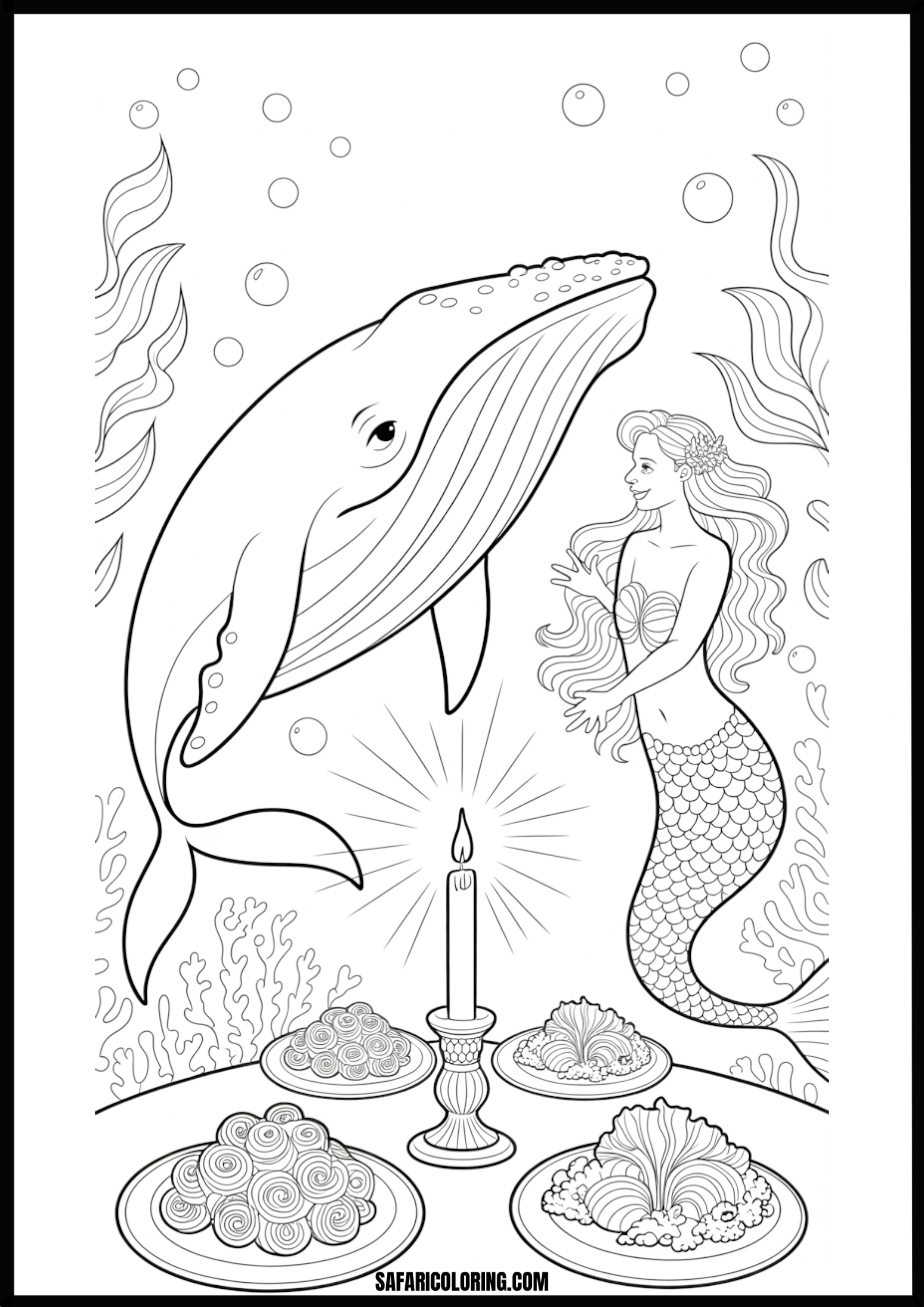 Whale and Mermaid Candlelit Underwater Dinner Coloring Coloring page of a whale and mermaid having a candlelit underwater dinner.