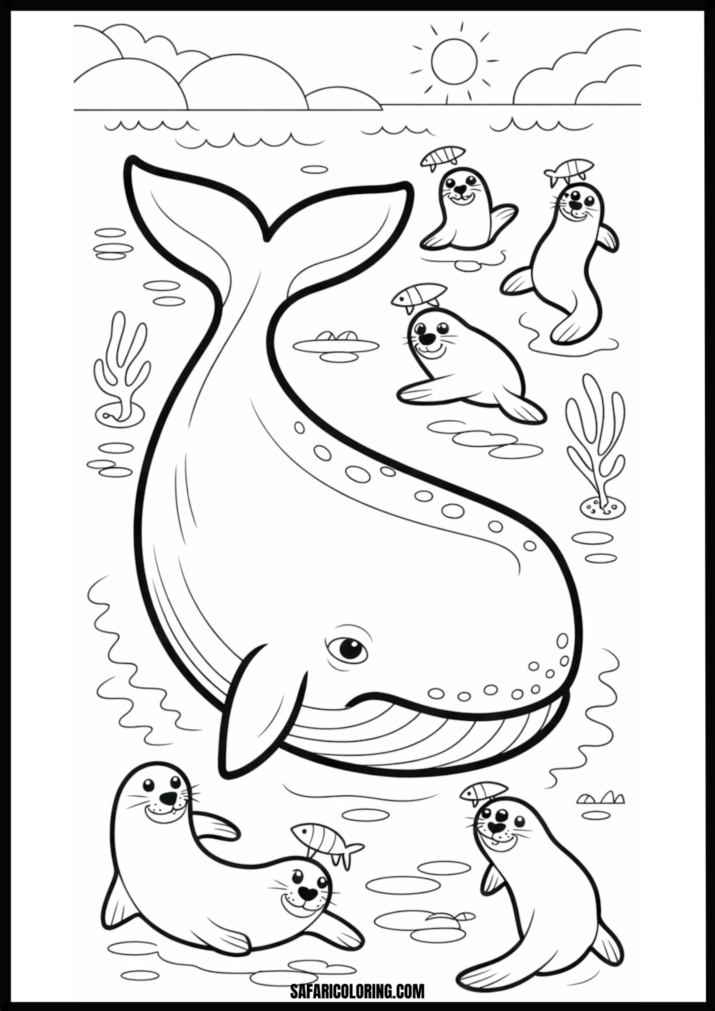 Whale and Seals Ocean Friends Coloring Page Coloring page of a whale and seals in the ocean.