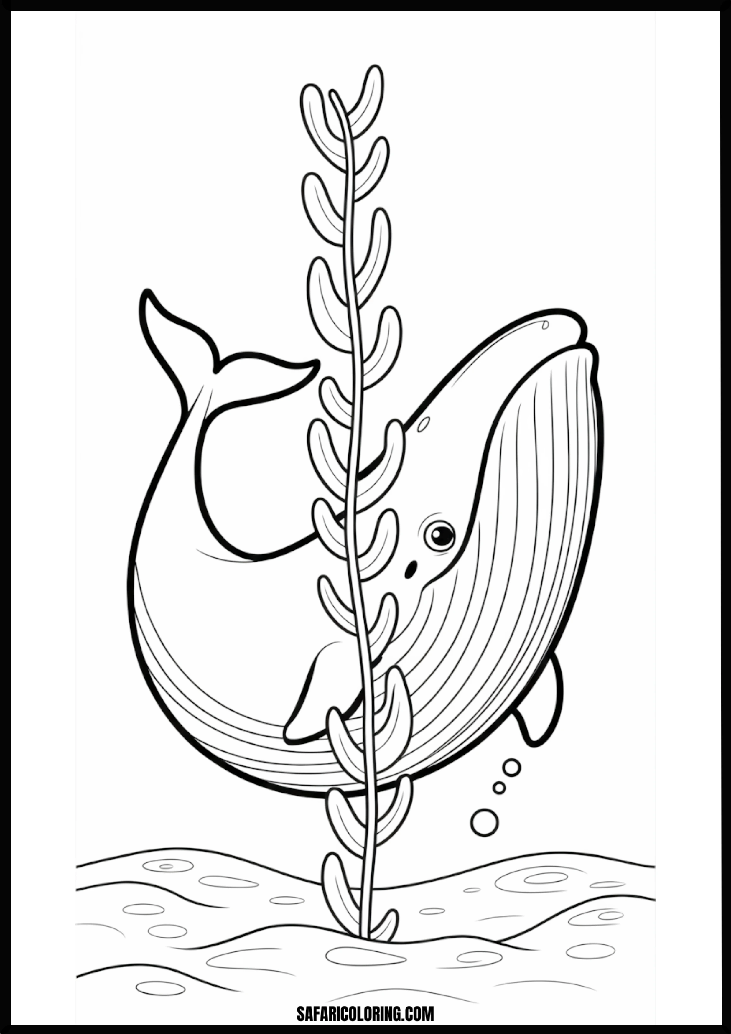 Whale and Seaweed Underwater Coloring Page Coloring page of a whale swimming among seaweed.