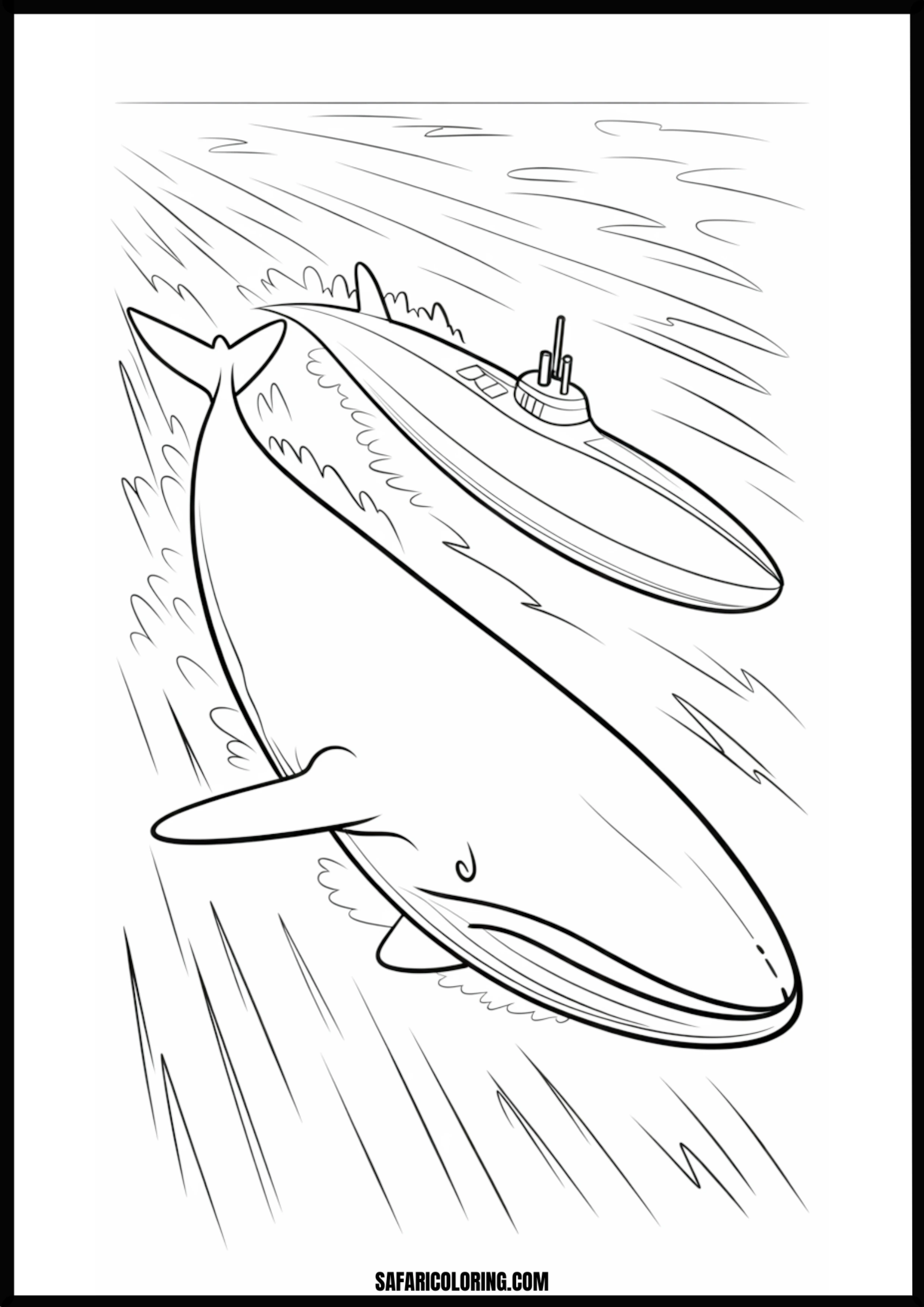 Whale and Submarine Underwater Exploration Coloring Coloring page of a whale swimming alongside a submarine.