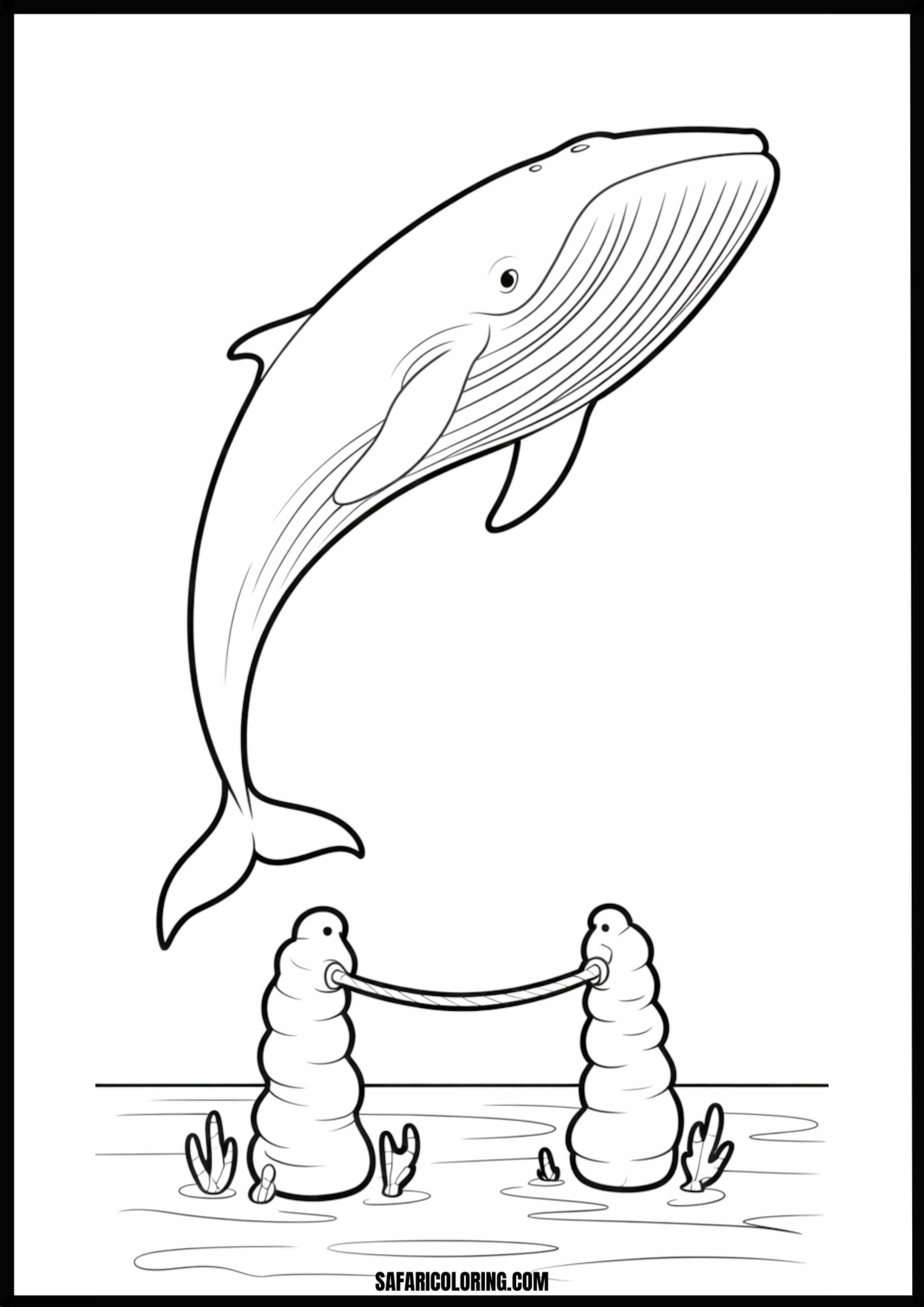 Whale Breaching Above Connected Sea Creatures Coloring Coloring page of a whale breaching above connected sea creatures.