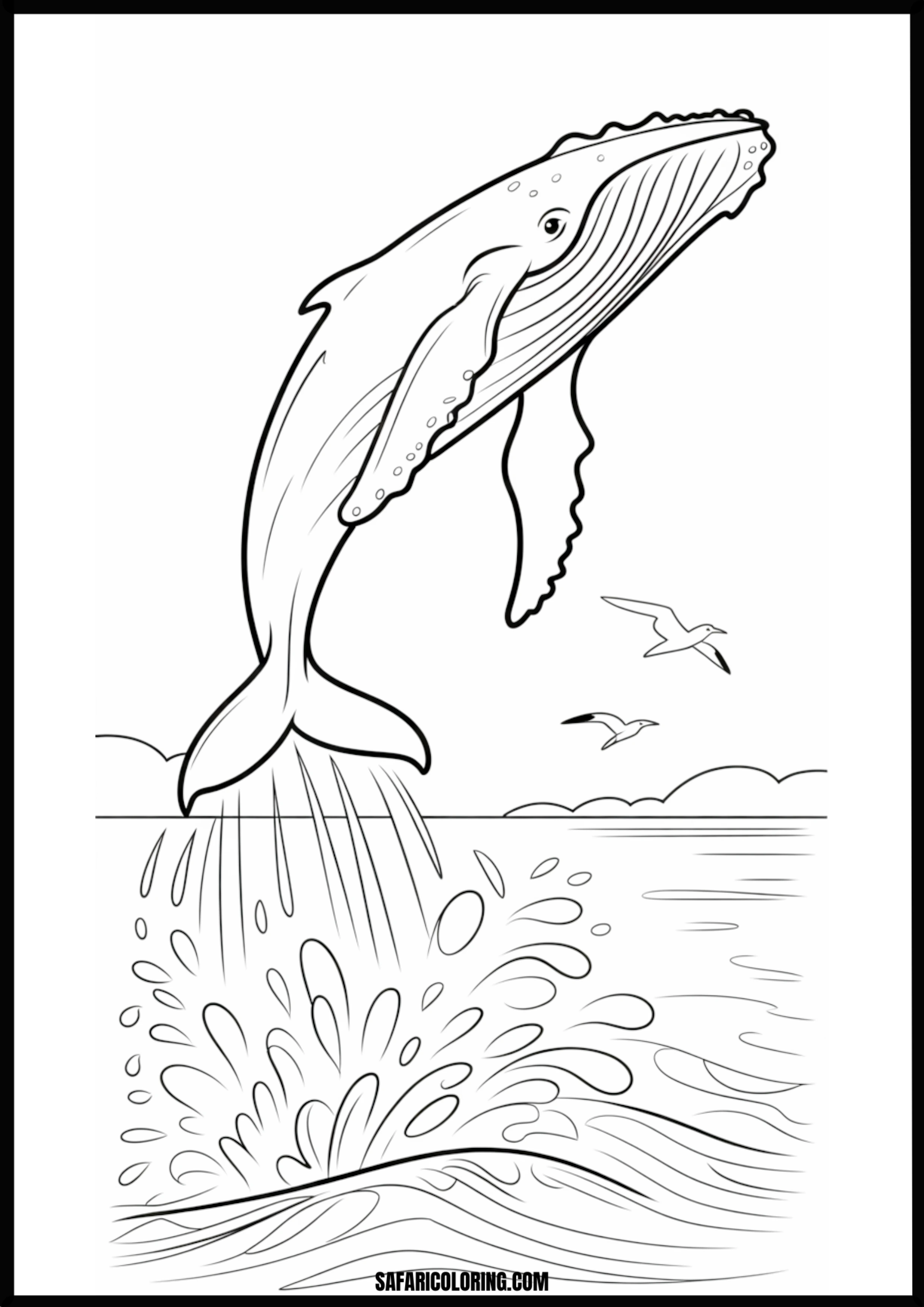 Whale Breaching Ocean Splash Coloring Page A majestic whale breaching from the ocean surface with a large splash.