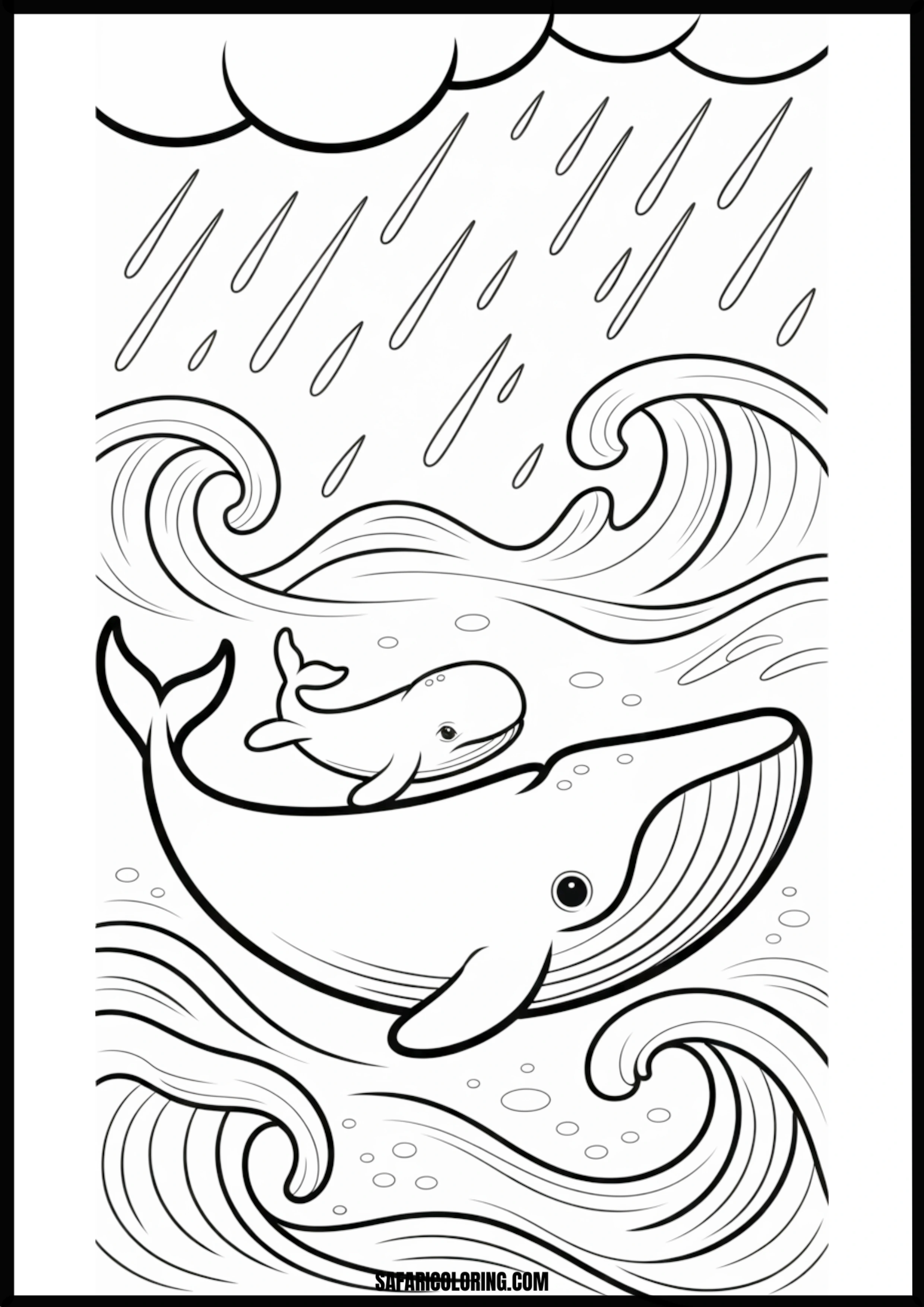 Whale Family Swimming in the Rain Coloring Page Coloring page of a whale family swimming in the rain.