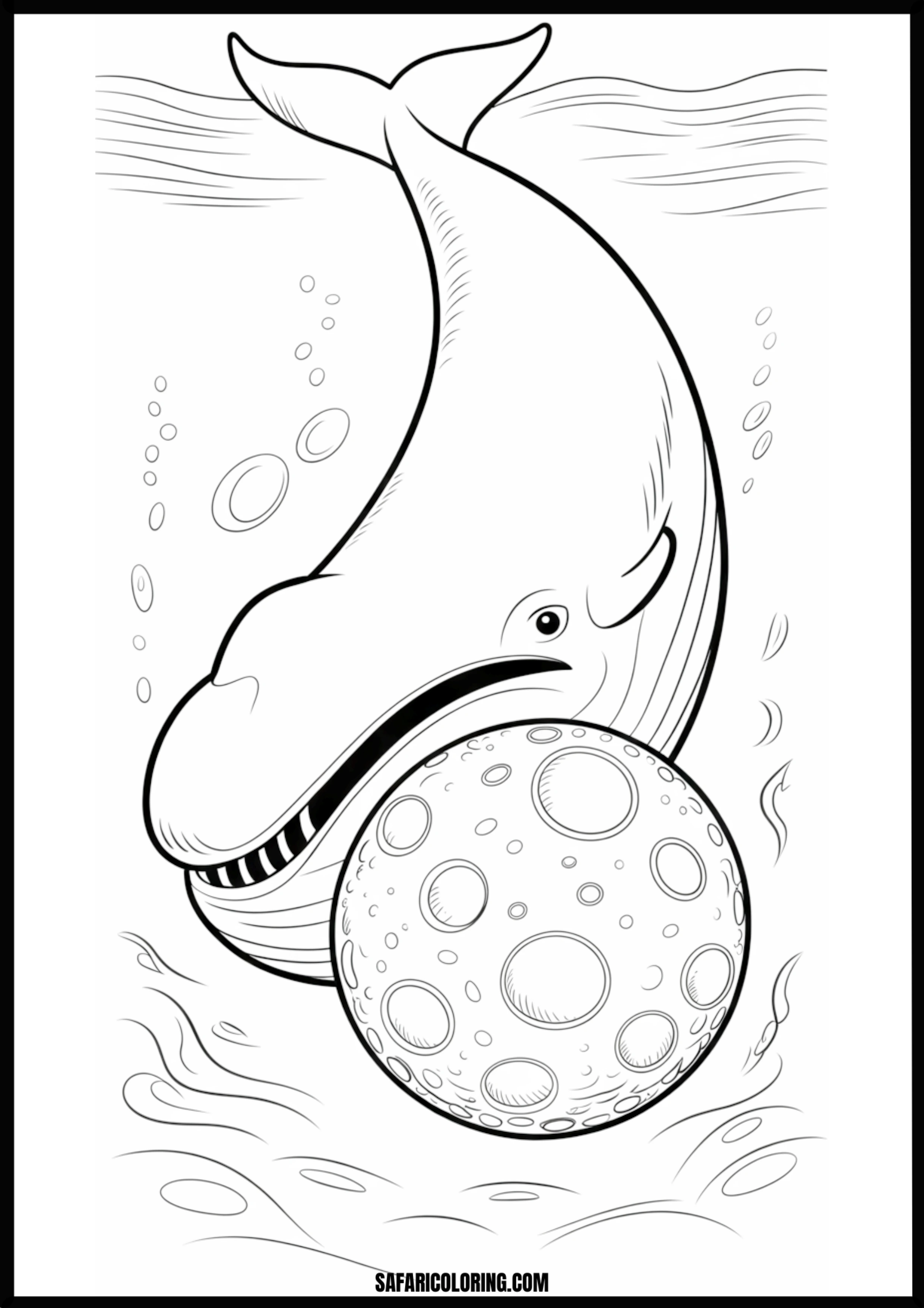 Whale Holding Cratered Moon Fantasy Coloring Page Coloring page of a whale holding a cratered moon.