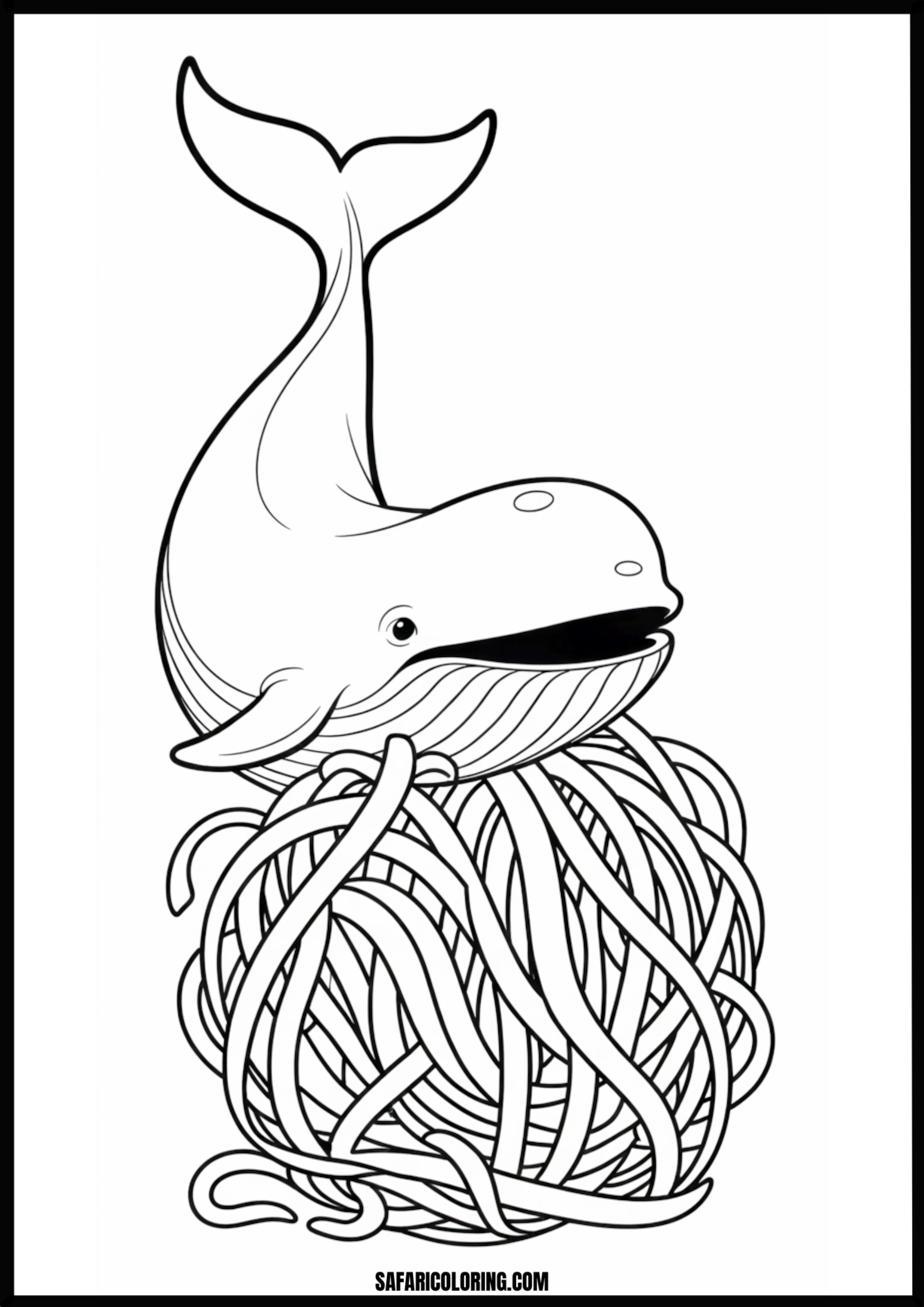 Whale Tangled in Yarn Whimsical Coloring Page Coloring page of a whale tangled in yarn.