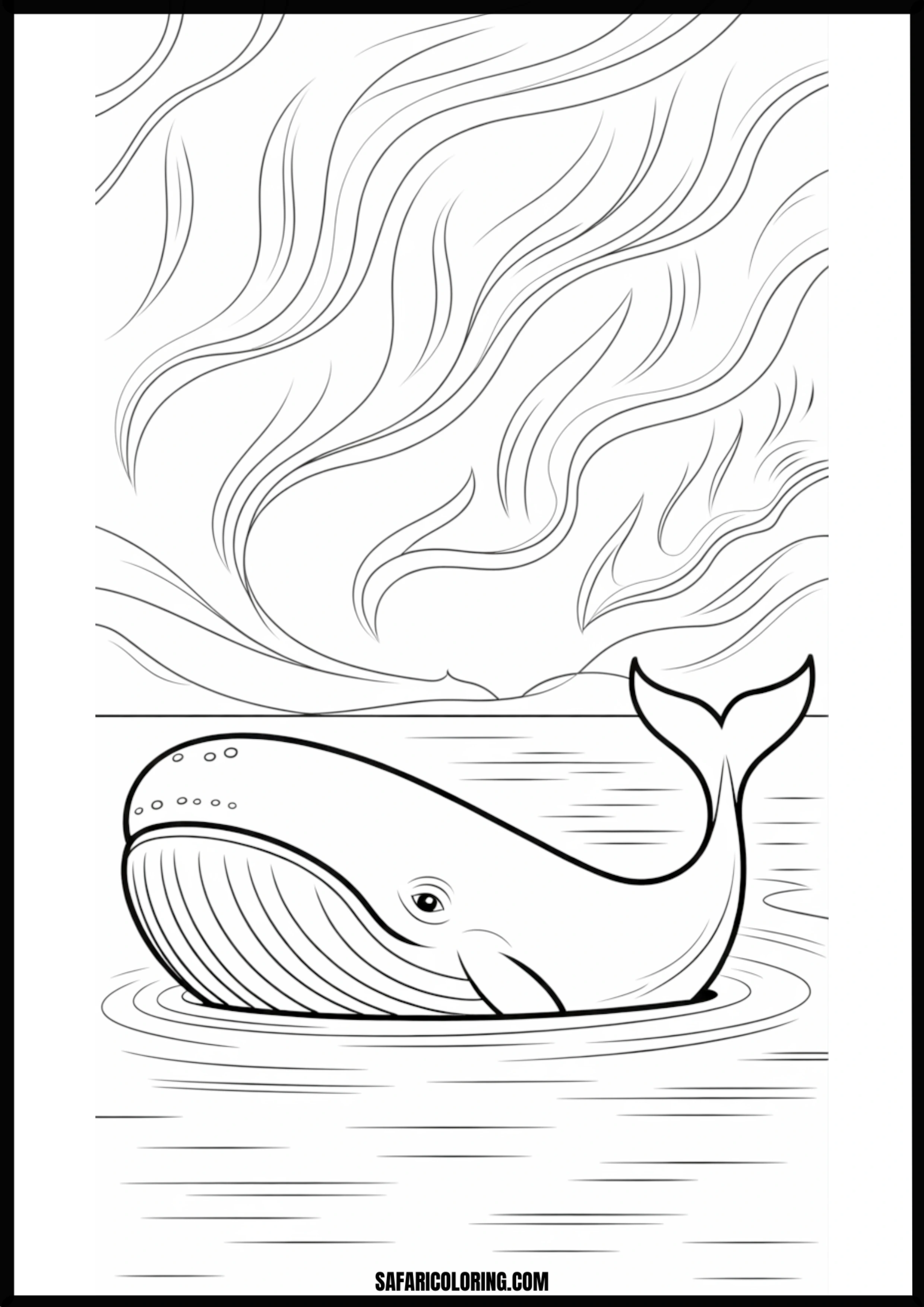 Whale in Water with Swirling Sky Coloring Page Coloring page of a whale in water with a swirling sky.
