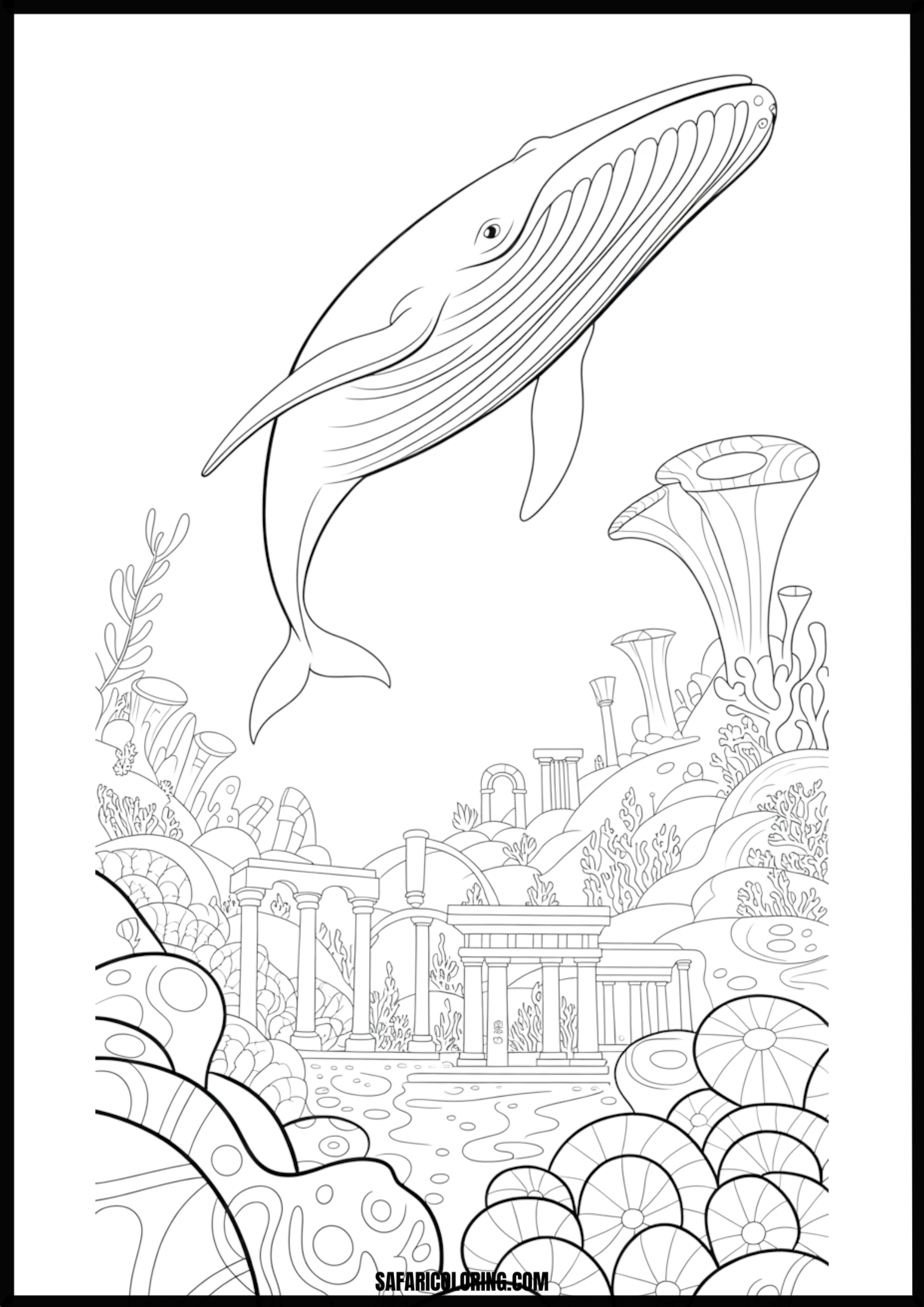 Whale Over Forgotten Underwater City Coloring Coloring page of a whale swimming over a forgotten underwater city.