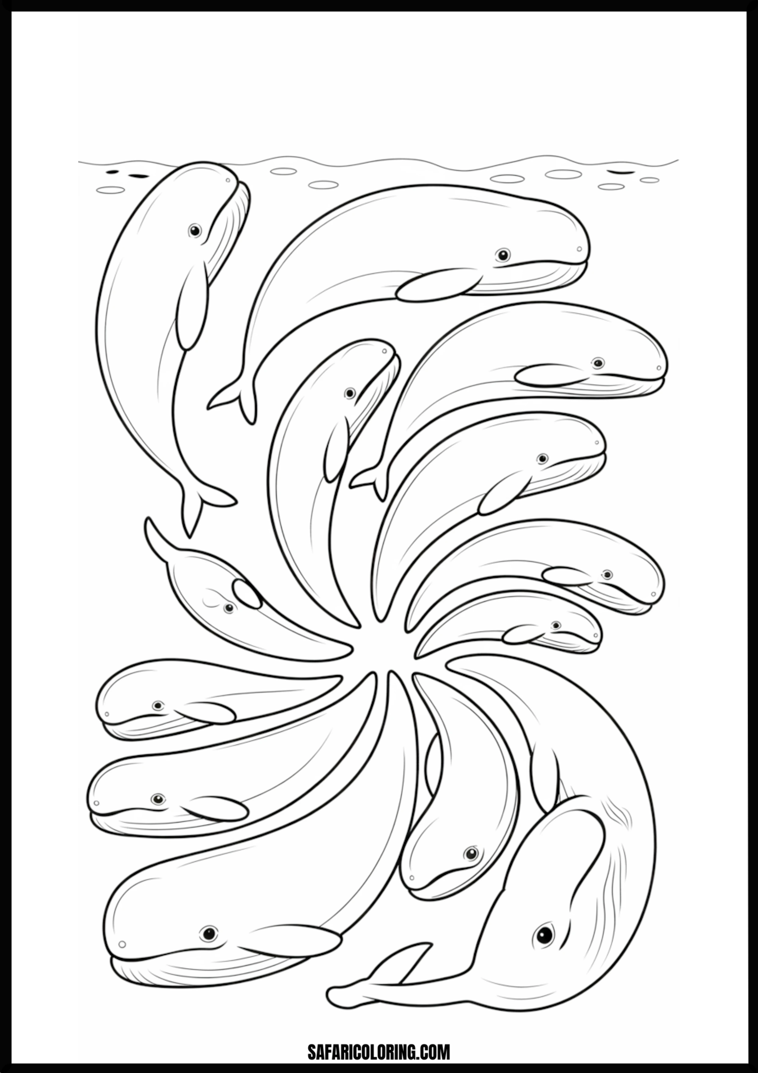 Whale Pod Spiral Underwater Coloring Page Coloring page of a whale pod spiraling underwater.