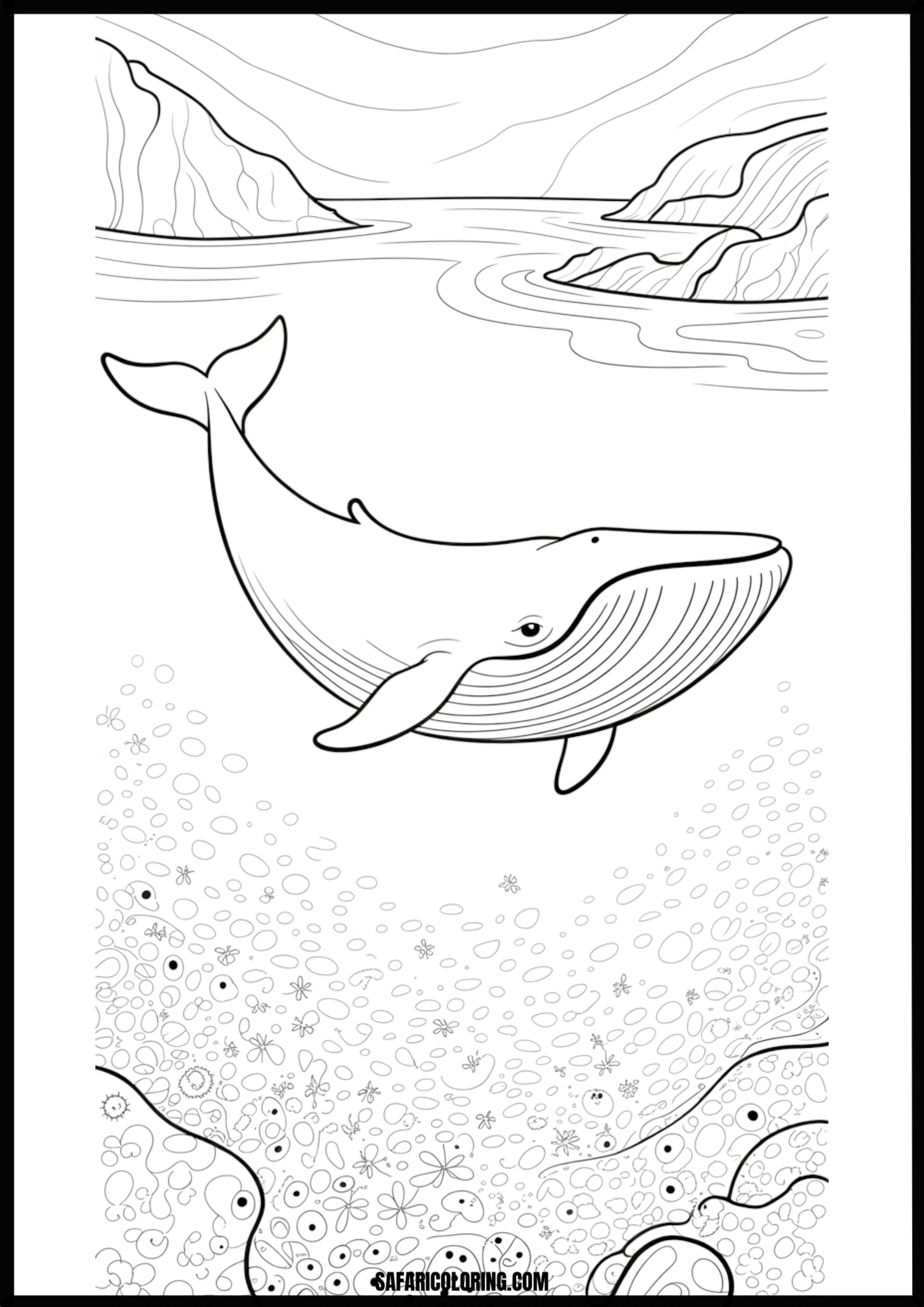 Whale Underwater Near Mountains Coloring Page Coloring page of a whale underwater near mountains.