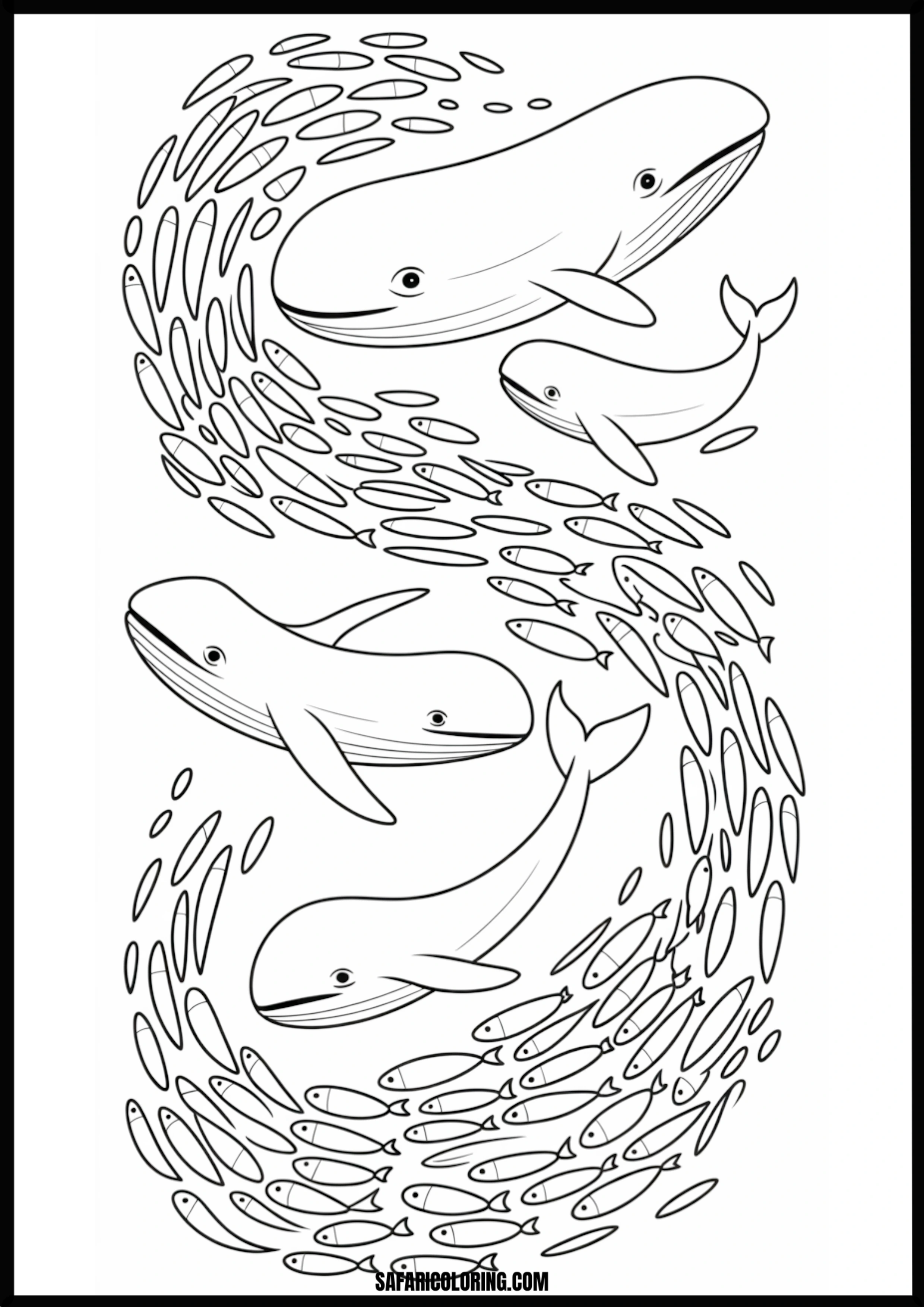 Whales and Swirling Fish Dynamic Coloring Page Coloring page of whales and swirling fish.