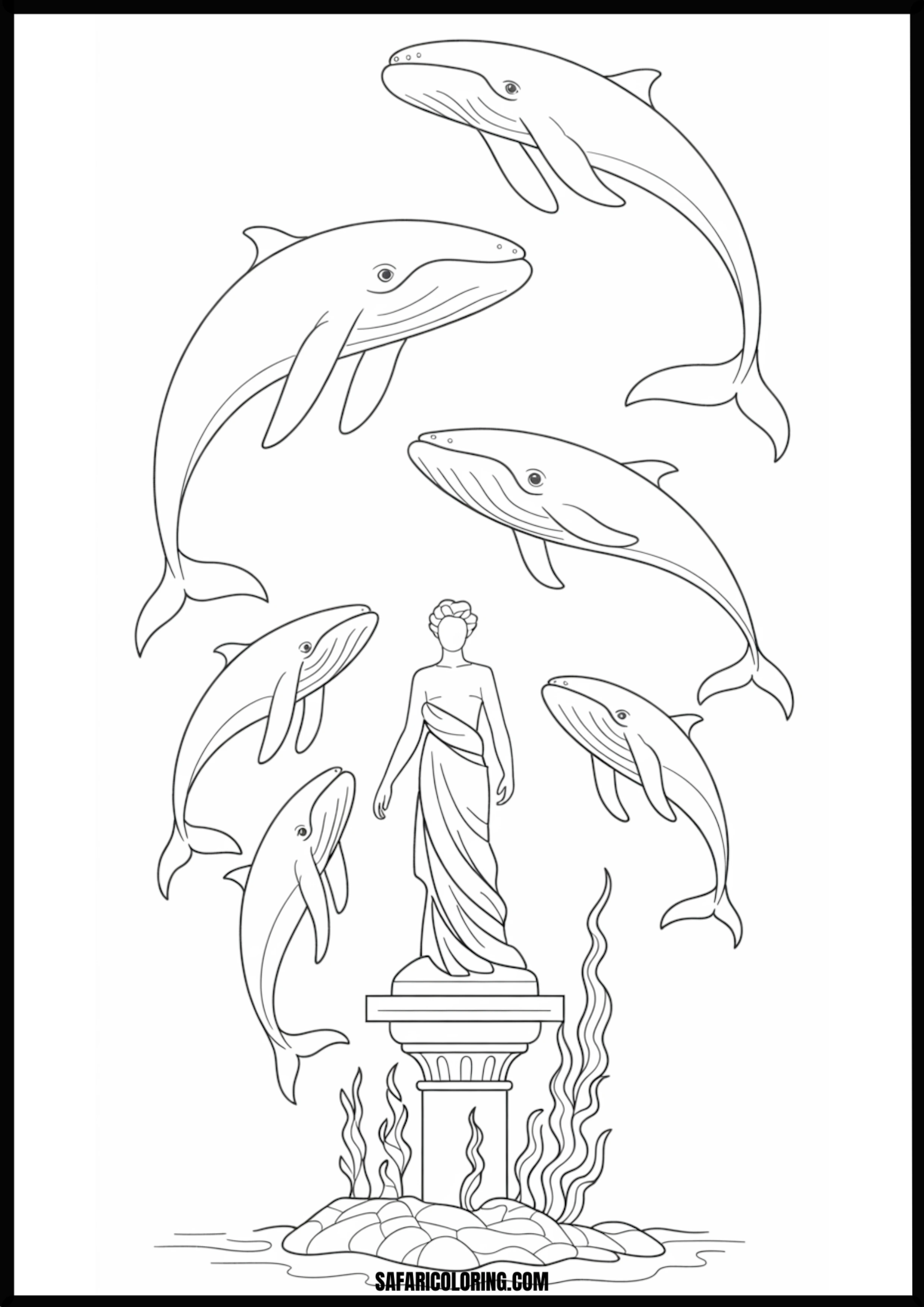 Whales and Classical Statue Underwater Coloring Coloring page of whales near a classical statue underwater.
