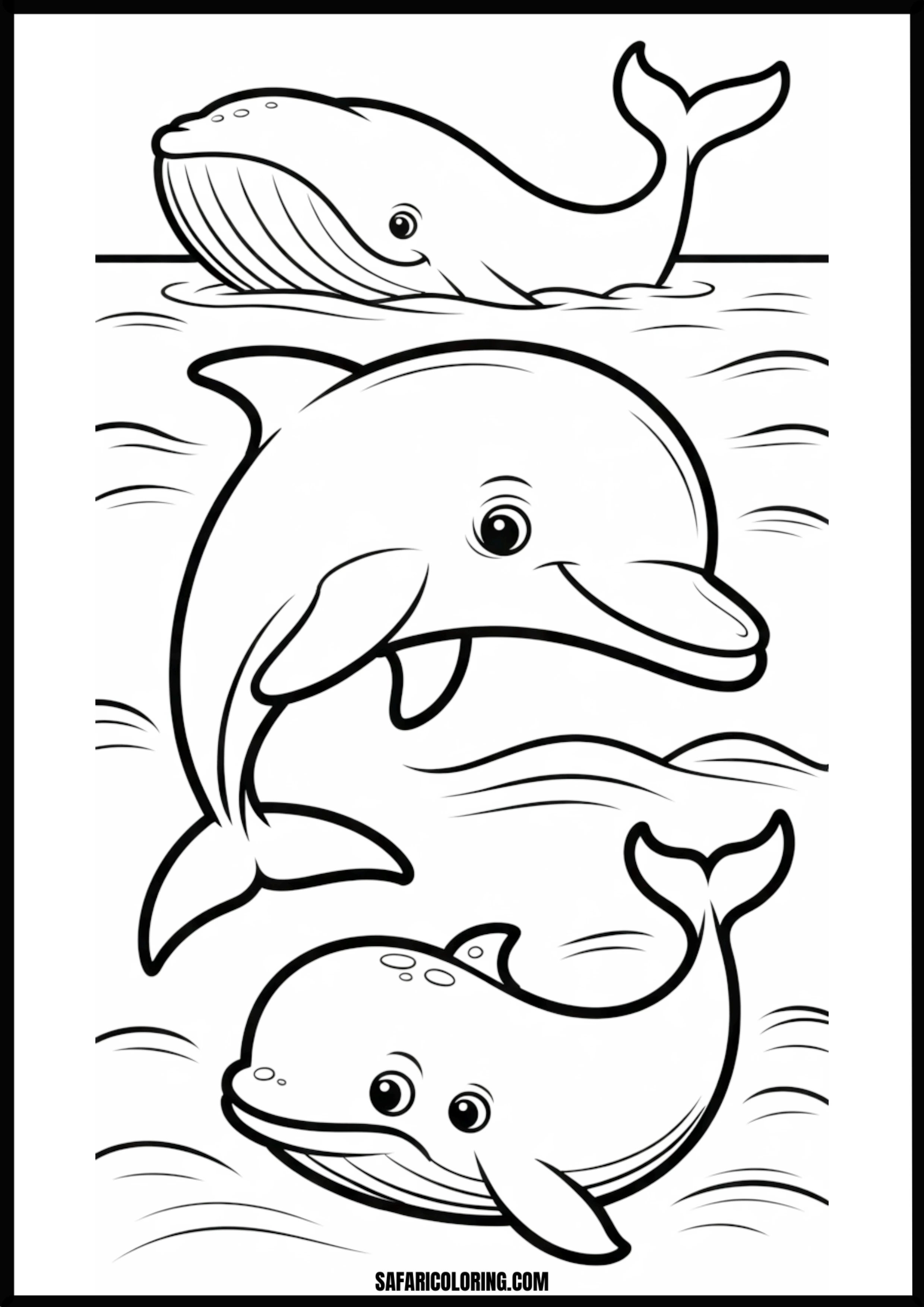 Whales and Dolphin Ocean Friends Coloring Whales and a dolphin swimming together in the ocean