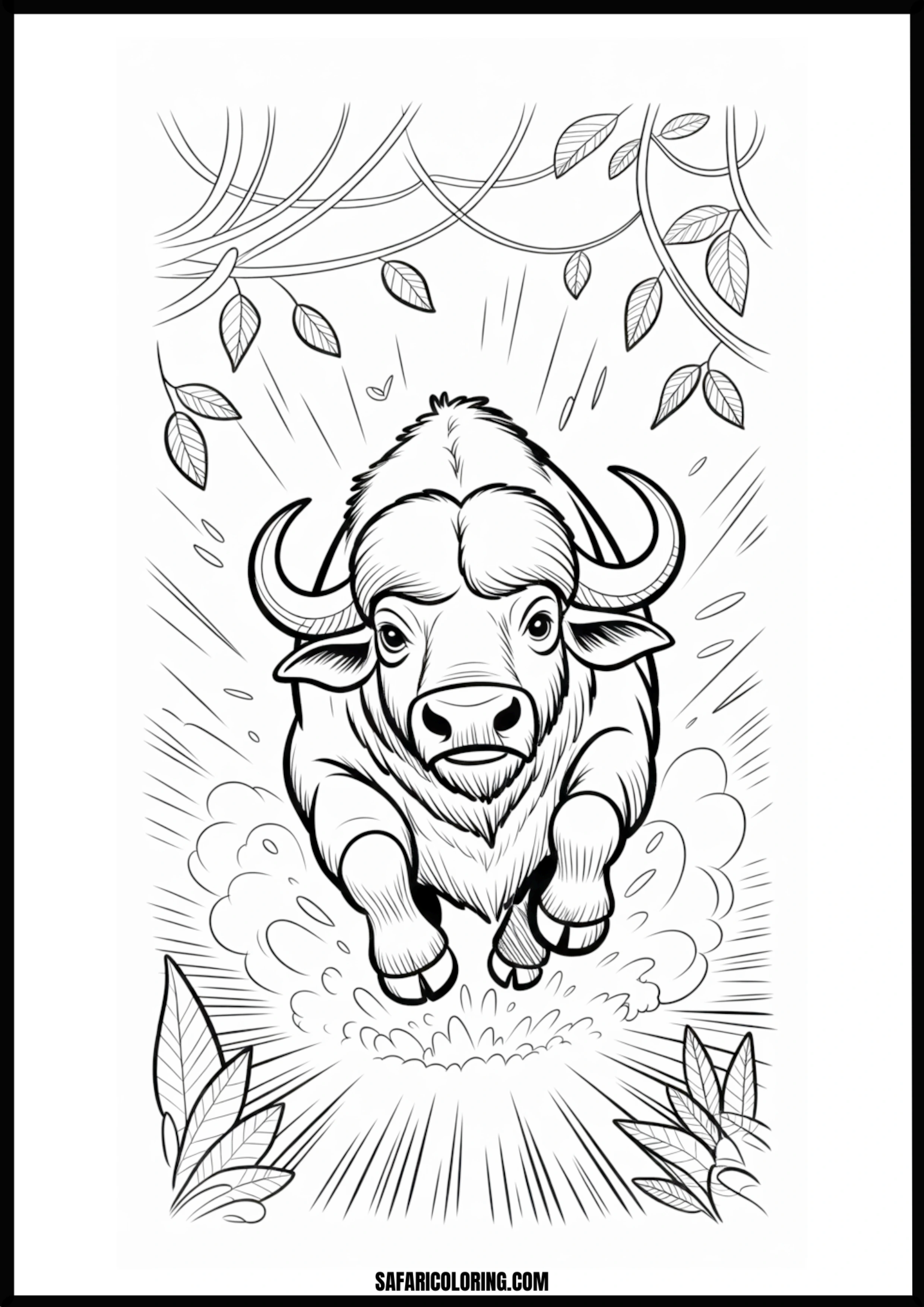 Wild buffalo charging through a lush jungle coloring page