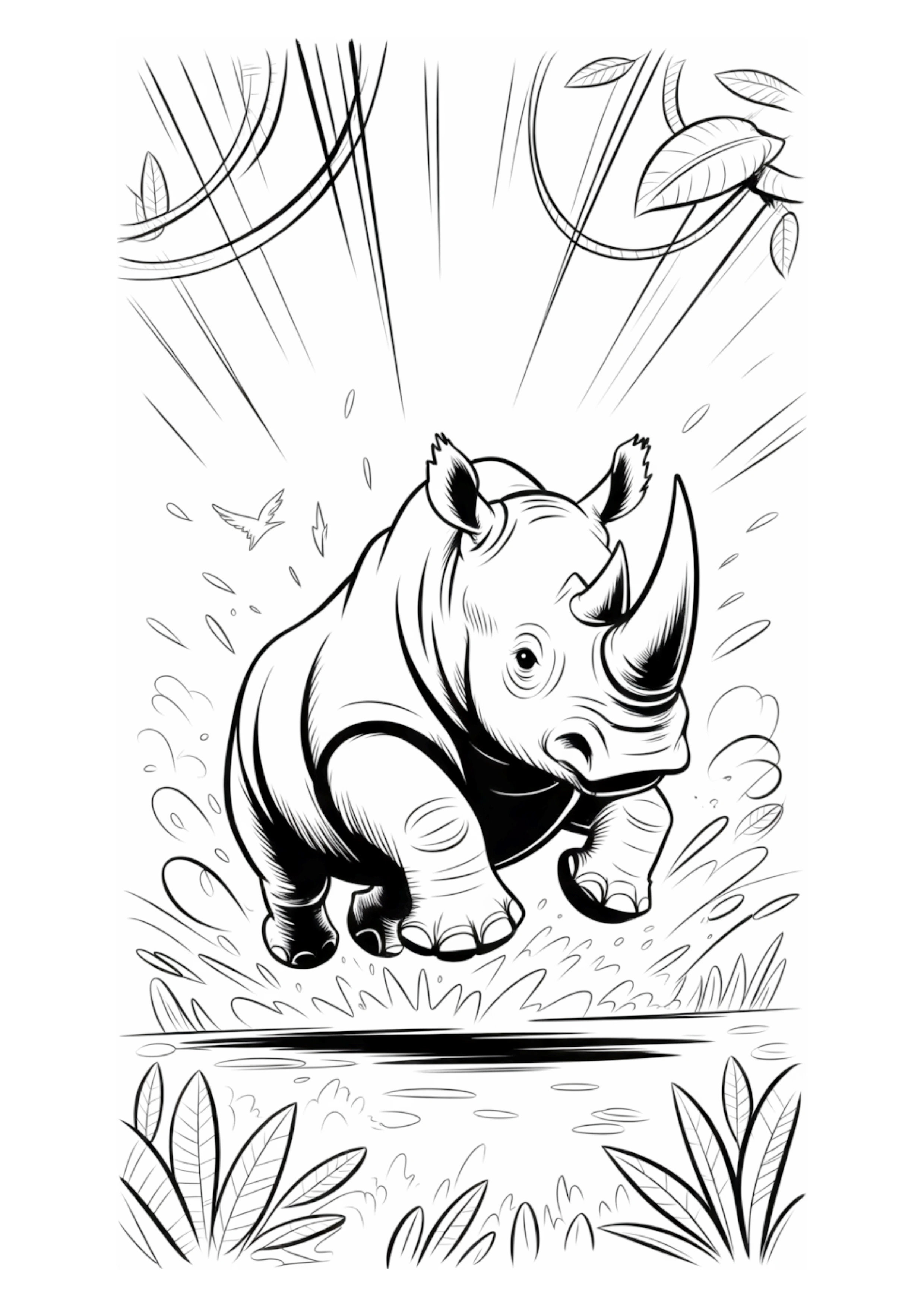 Wild rhino splashing through water in a river or pond.