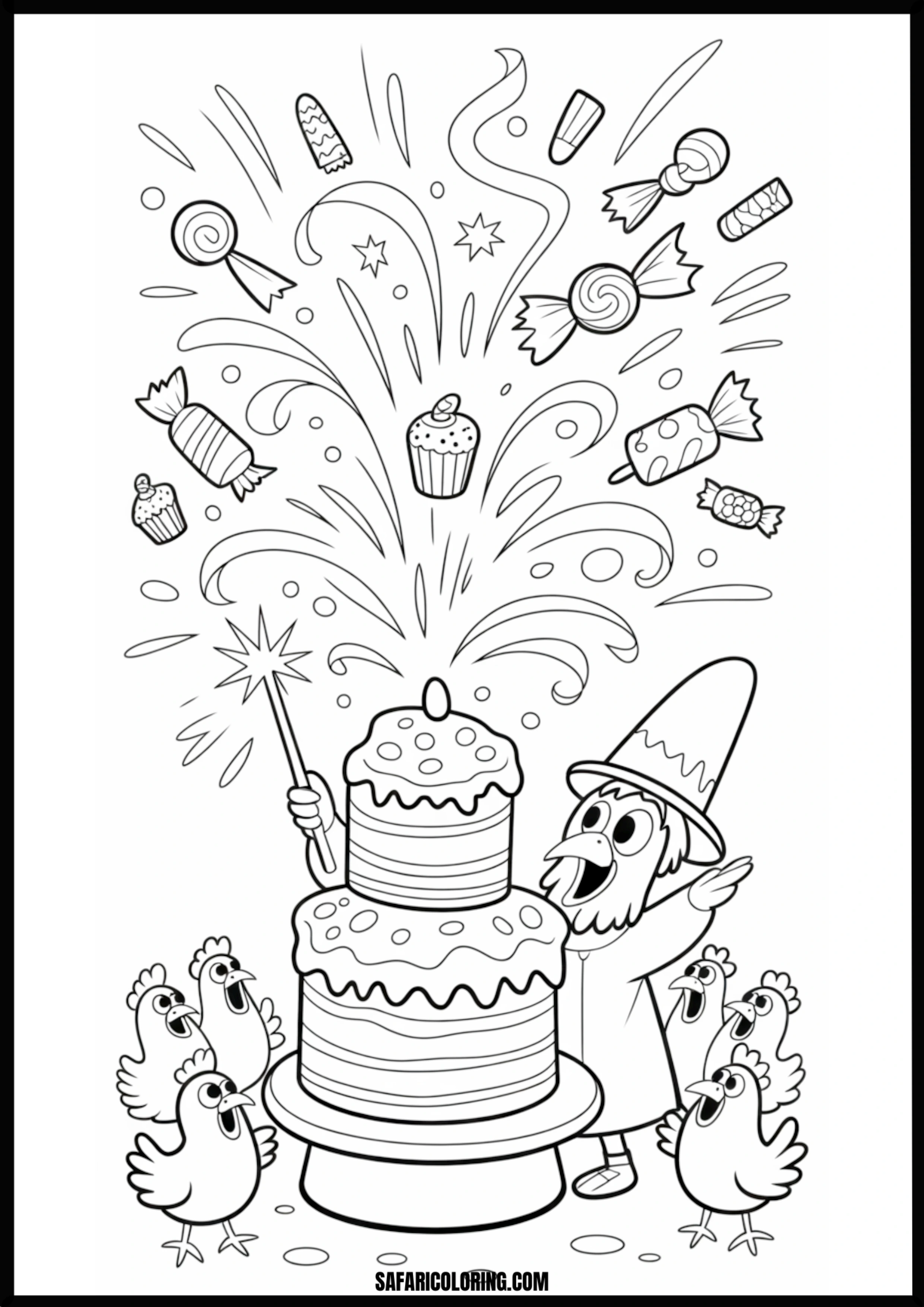 Wizard chicken conjuring a cake with a candy explosion