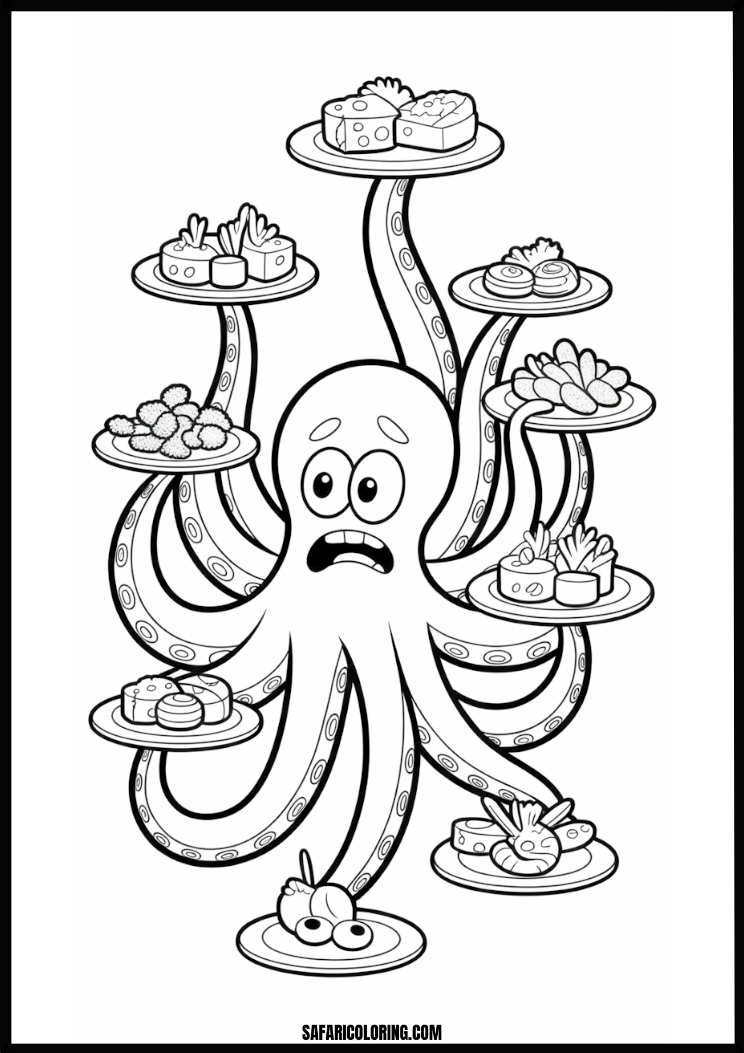 Worried Octopus Serving Many Meals Printable Coloring Sheet An outline drawing of a octopus serving meals for coloring.