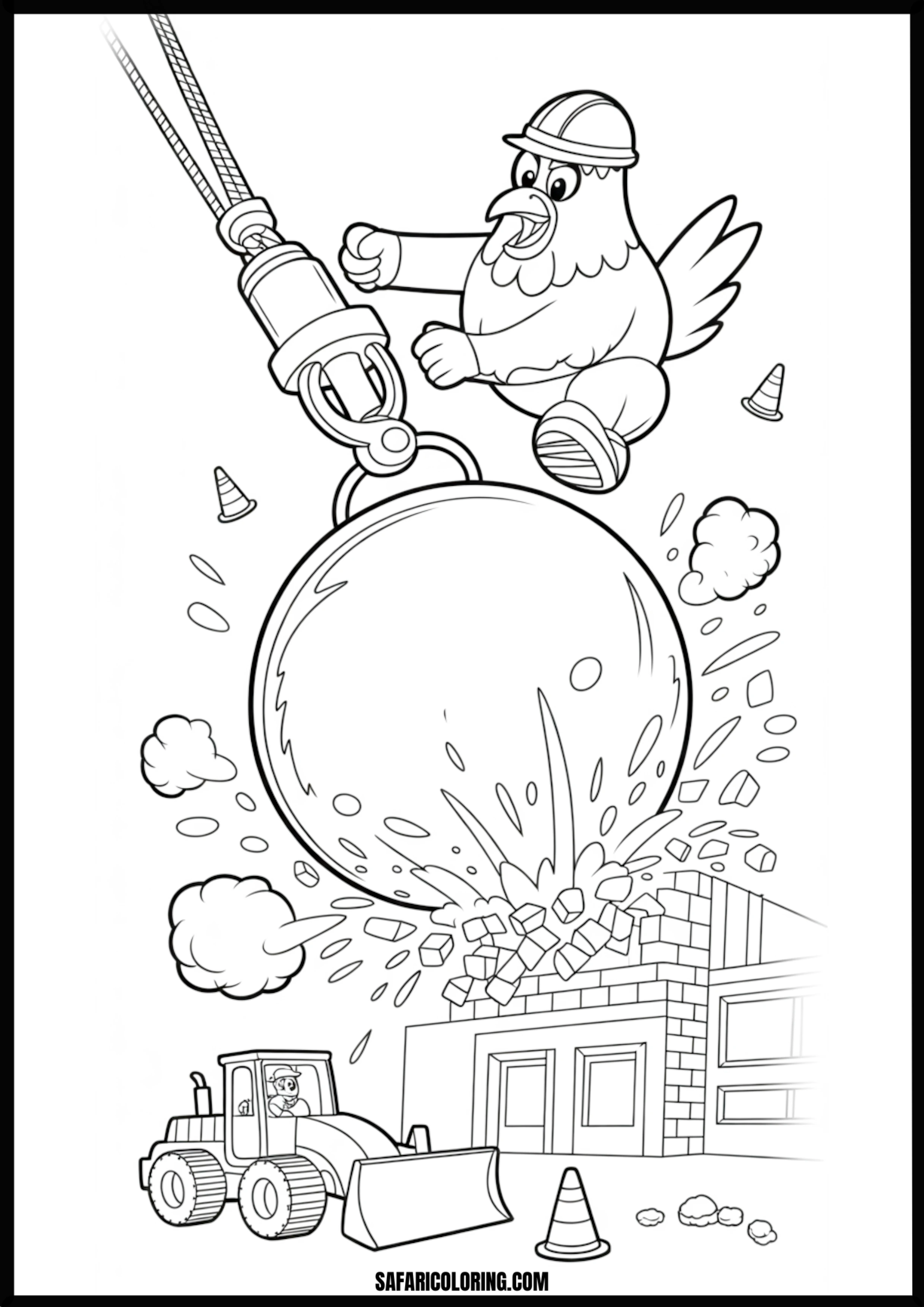Chicken using a wrecking ball to demolish a building