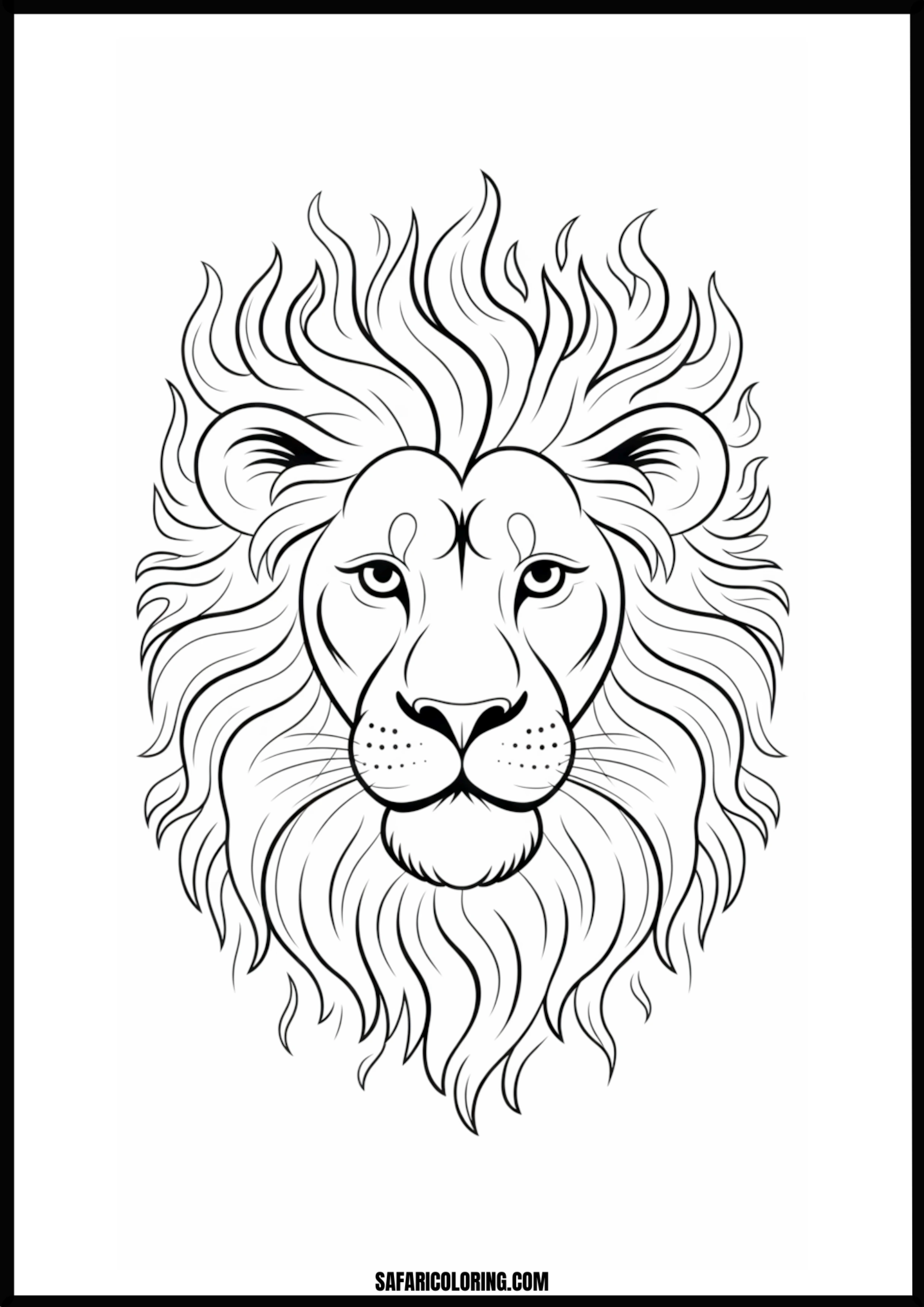Detailed coloring page of an African lion's head.