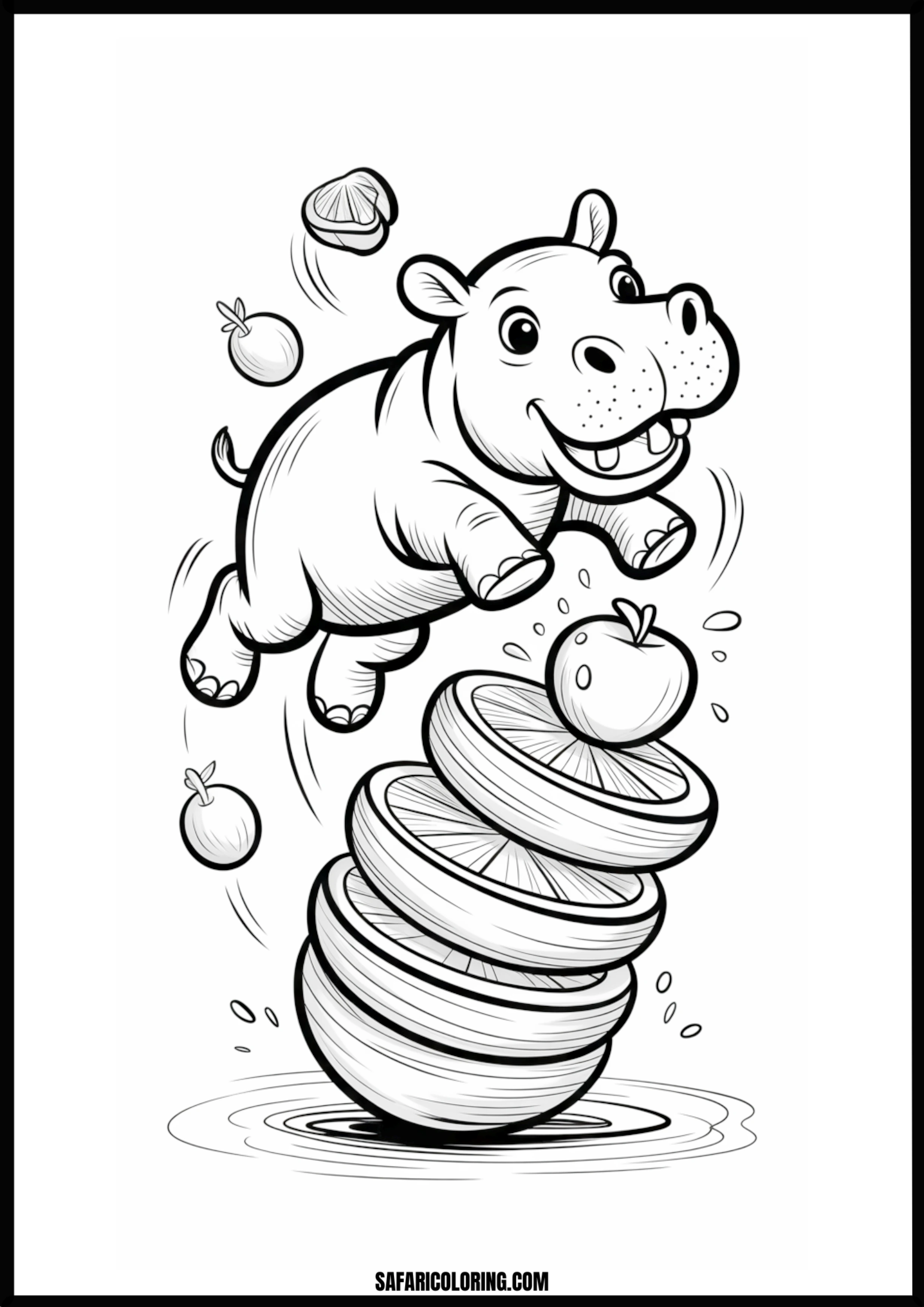 Cartoon baby hippo coloring page jumping over colorful fruit slices.