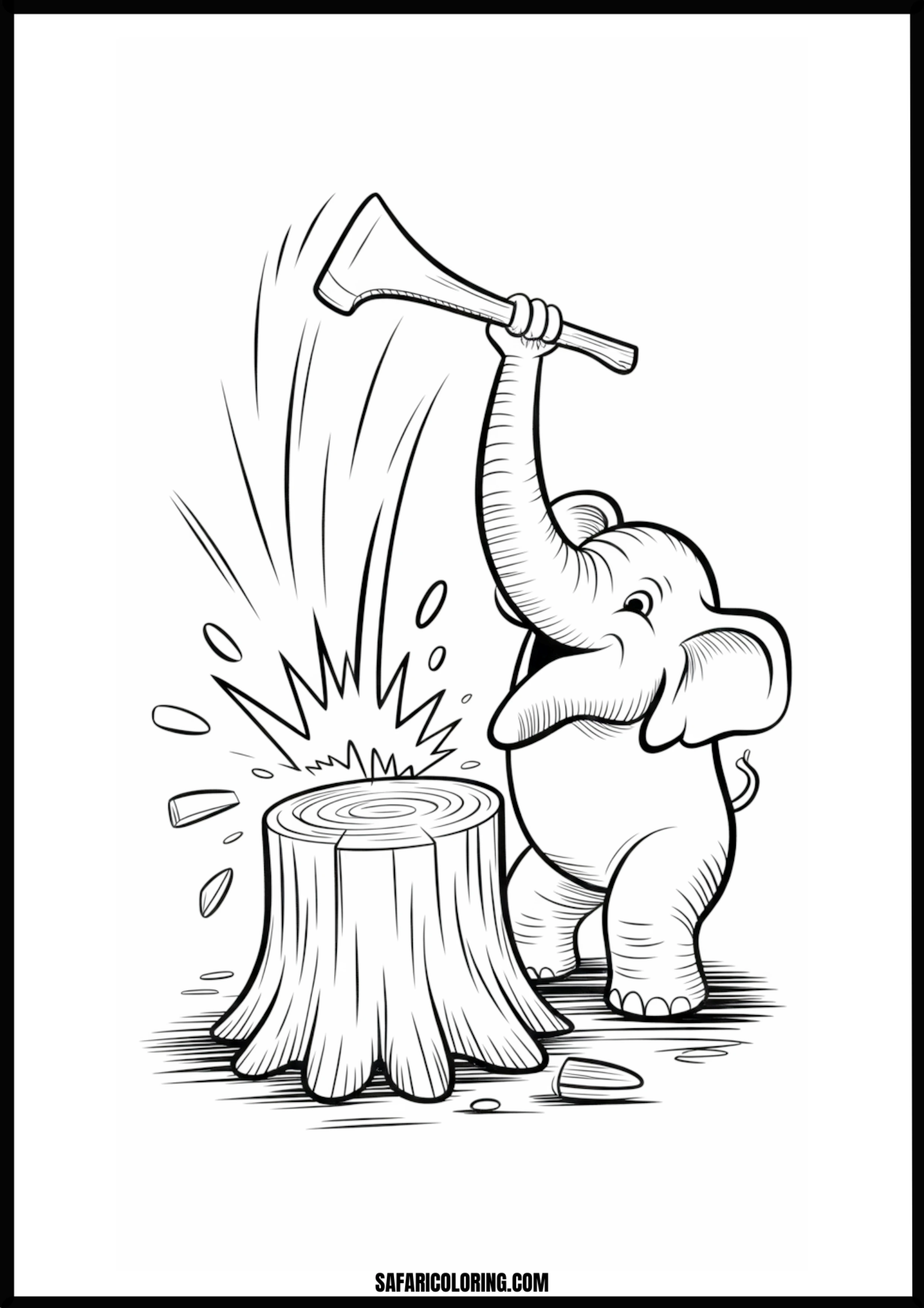 Baby elephant chopping wood with an axe