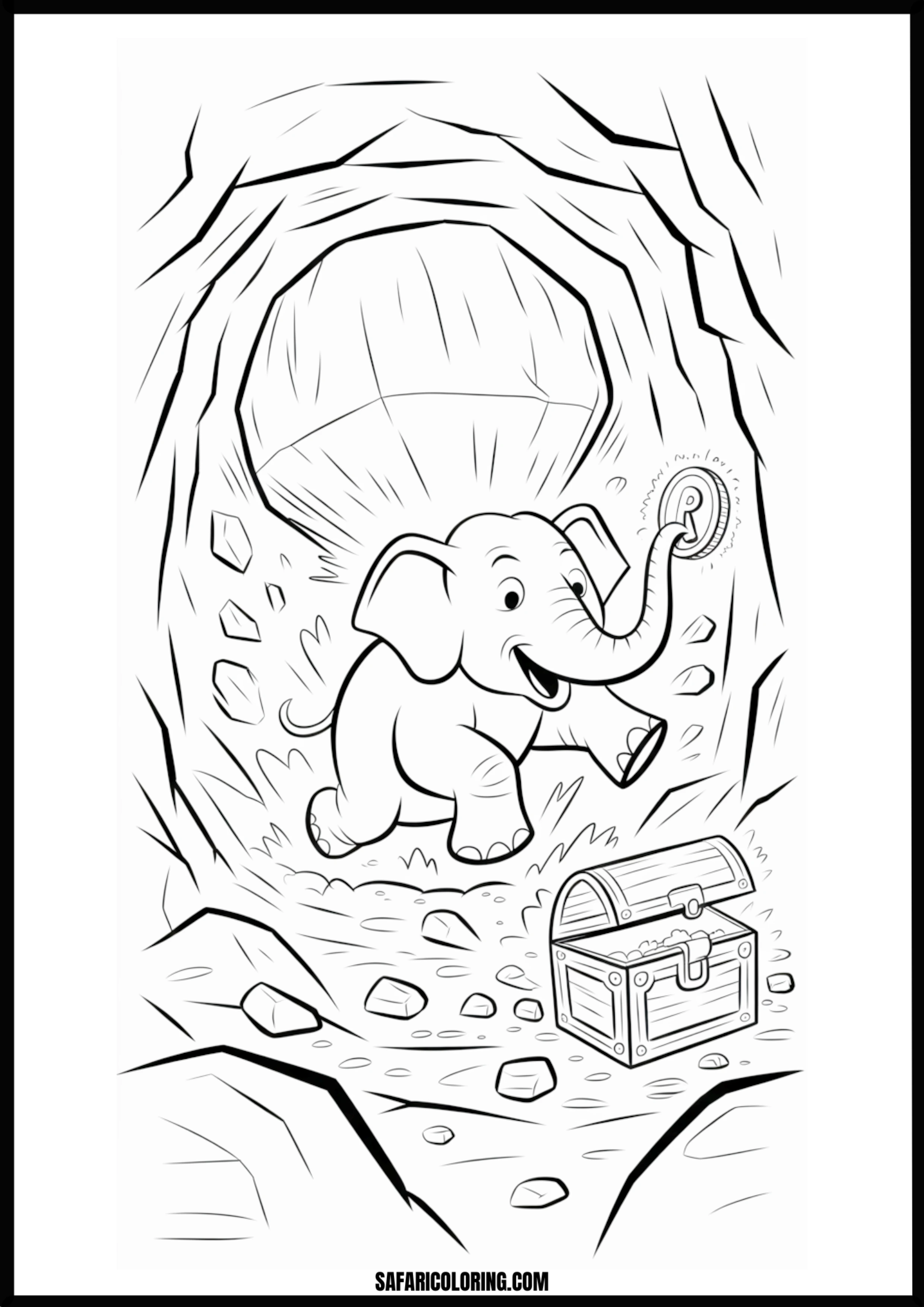 Baby elephant discovering treasure in a cave