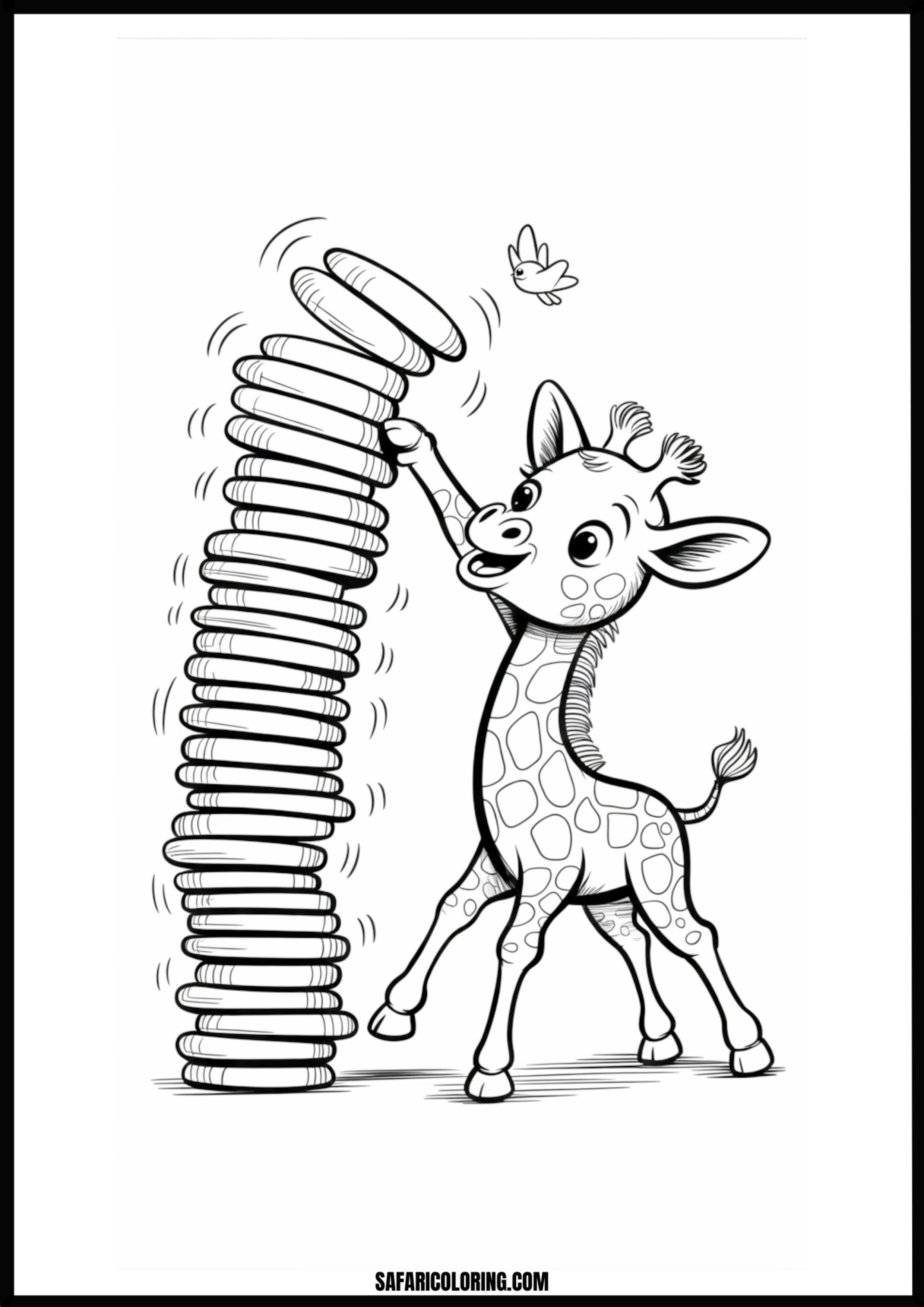 Baby giraffe playing with wobbly rings