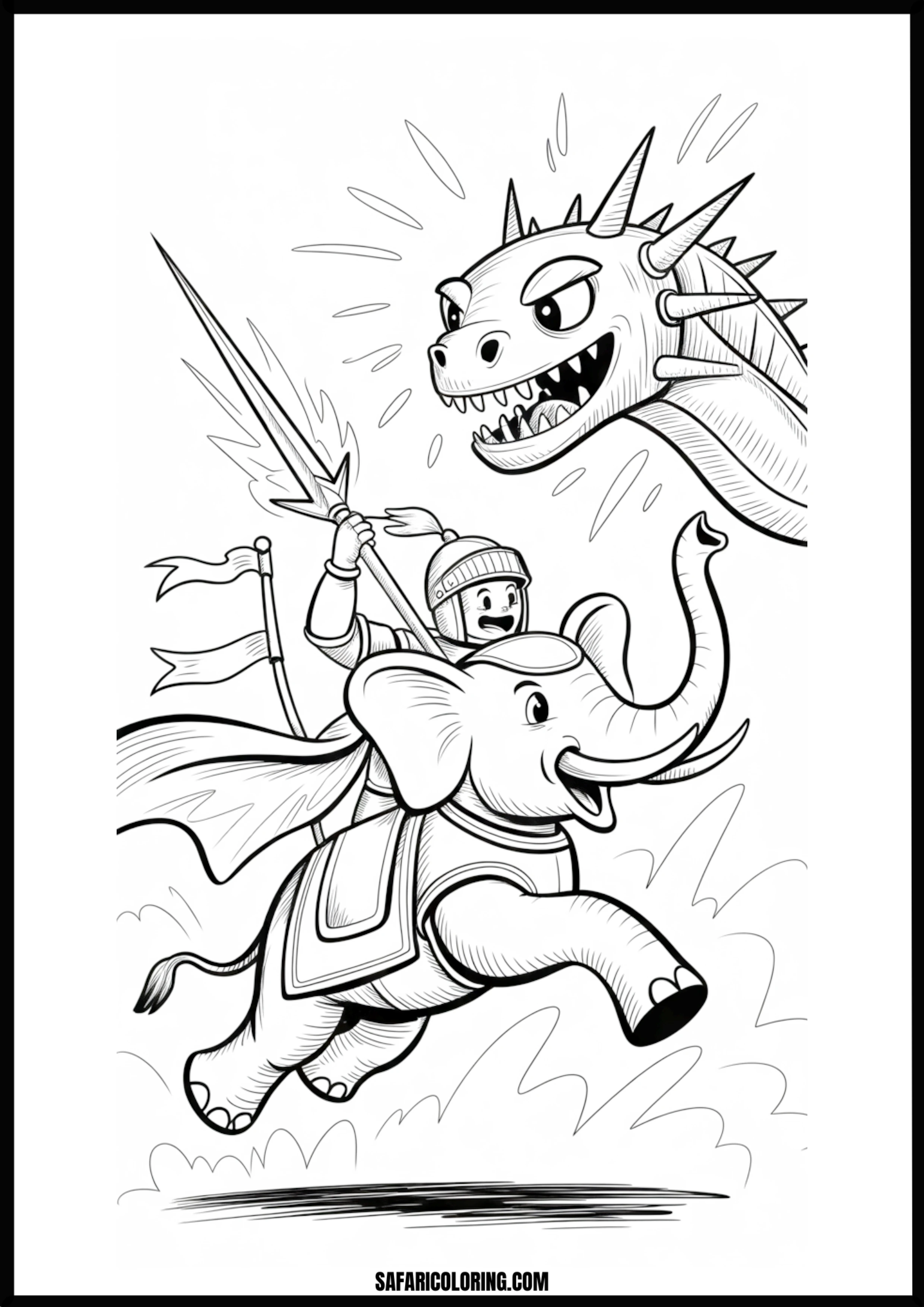 Knight elephant charging a dragon