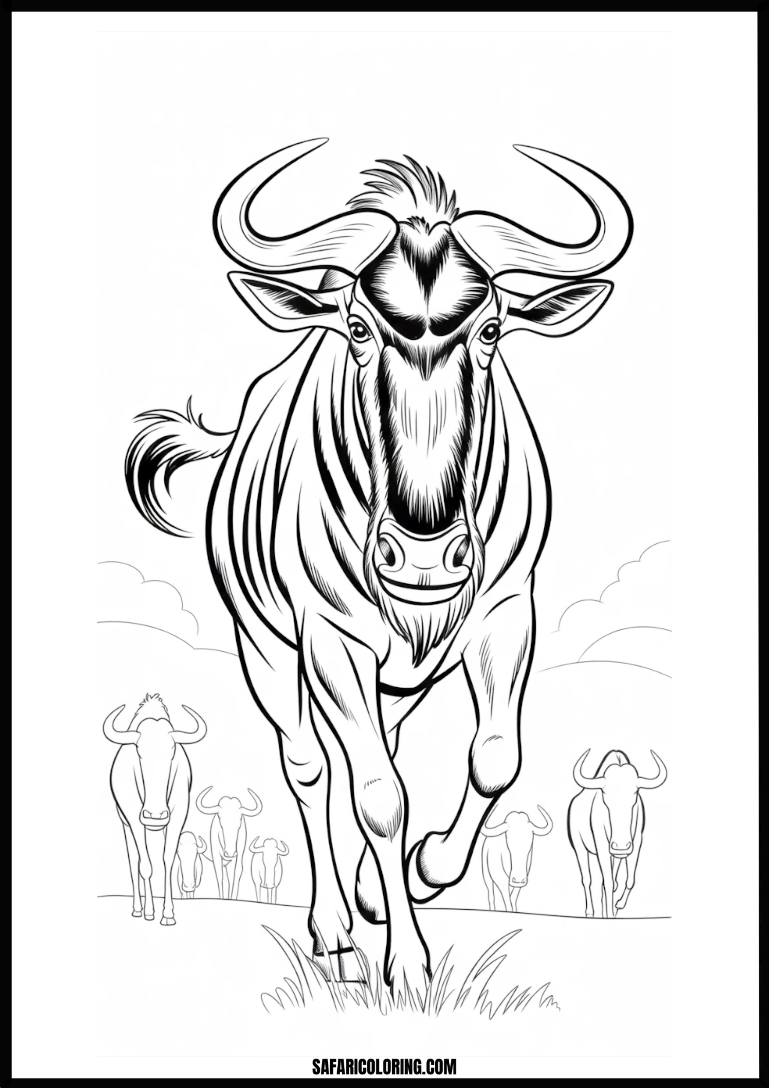 A powerful Gnu (wildebeest) charging, ready for coloring. Free printable charging gnu coloring page outline.