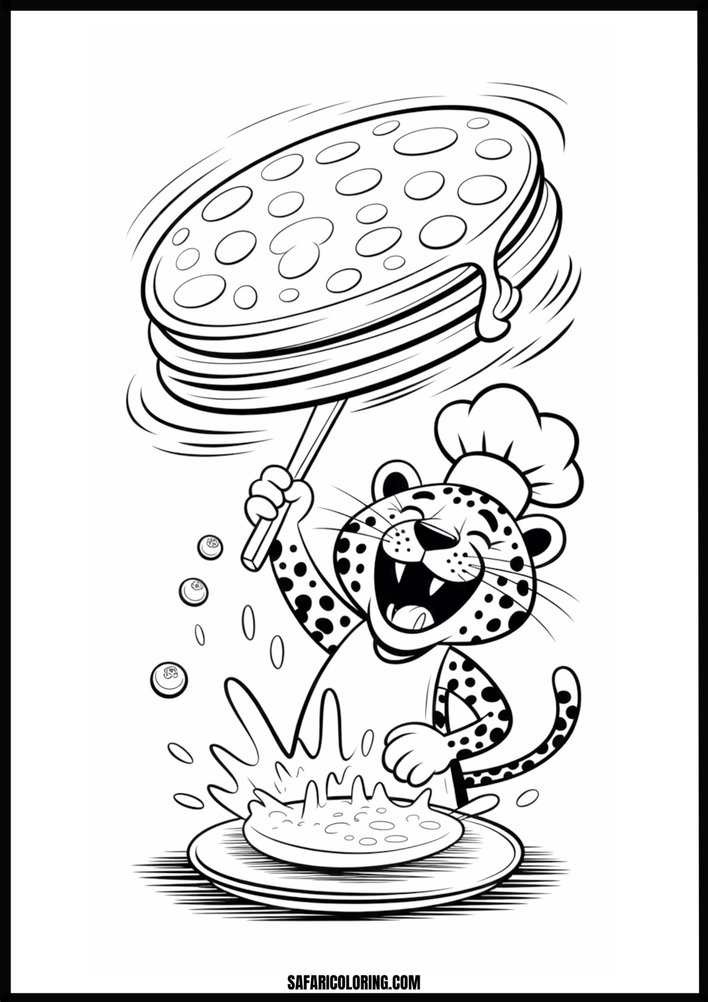 Cartoon chef leopard flipping blueberry pancakes