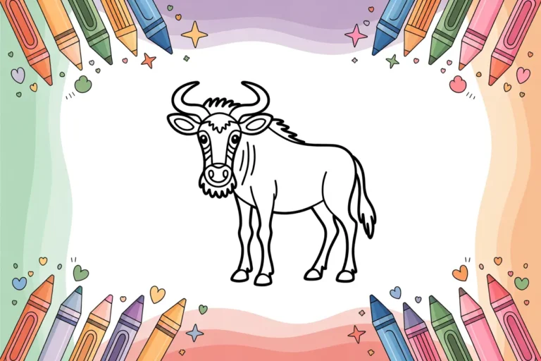 Child coloring a detailed wildebeest coloring page with crayons showing African savannah scene