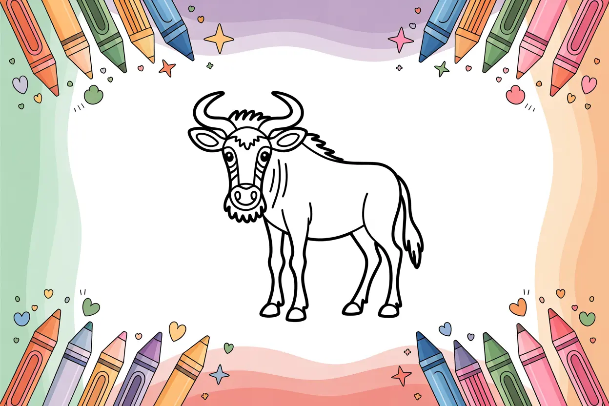Child coloring a detailed wildebeest coloring page with crayons showing African savannah scene