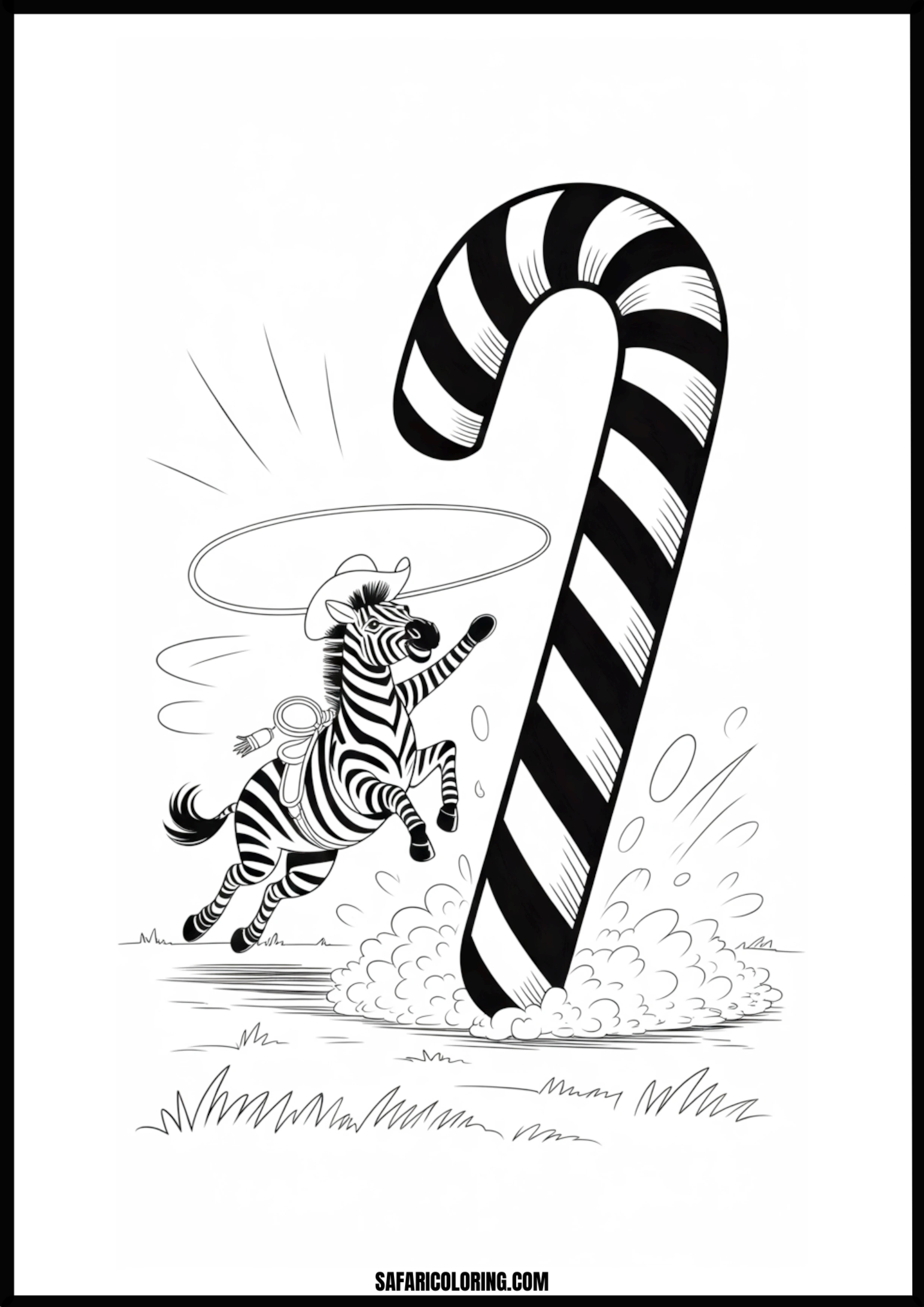 Cartoon cowboy zebra bucking on a giant candy cane