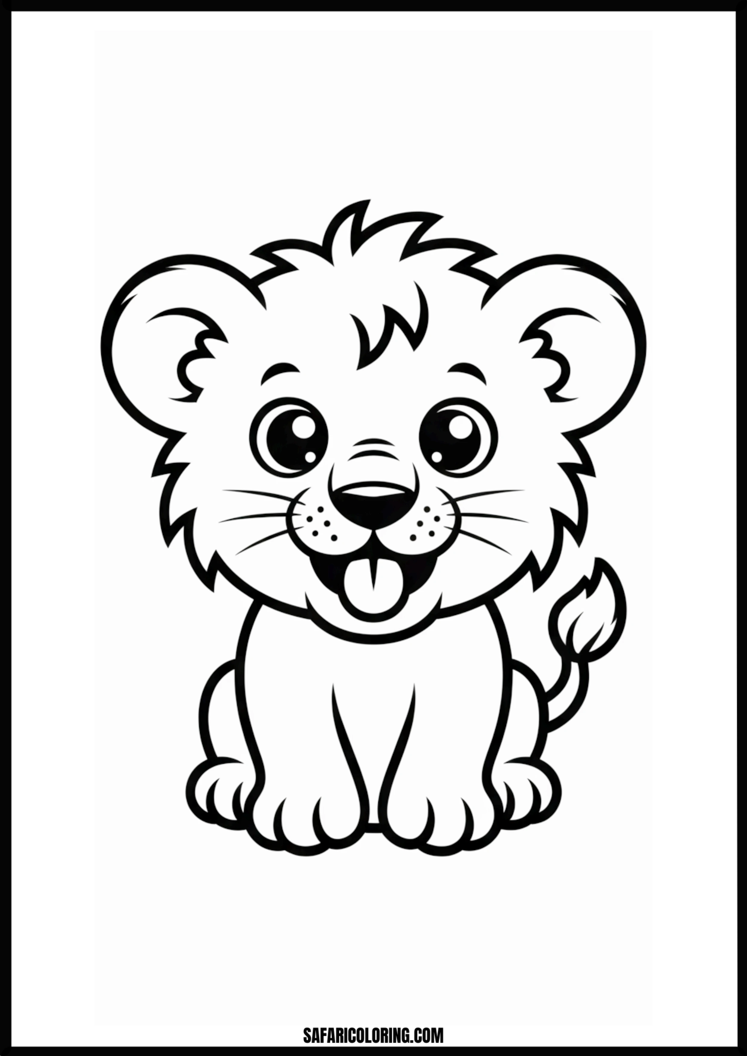 Cute cartoon lion cub coloring page with a friendly smile