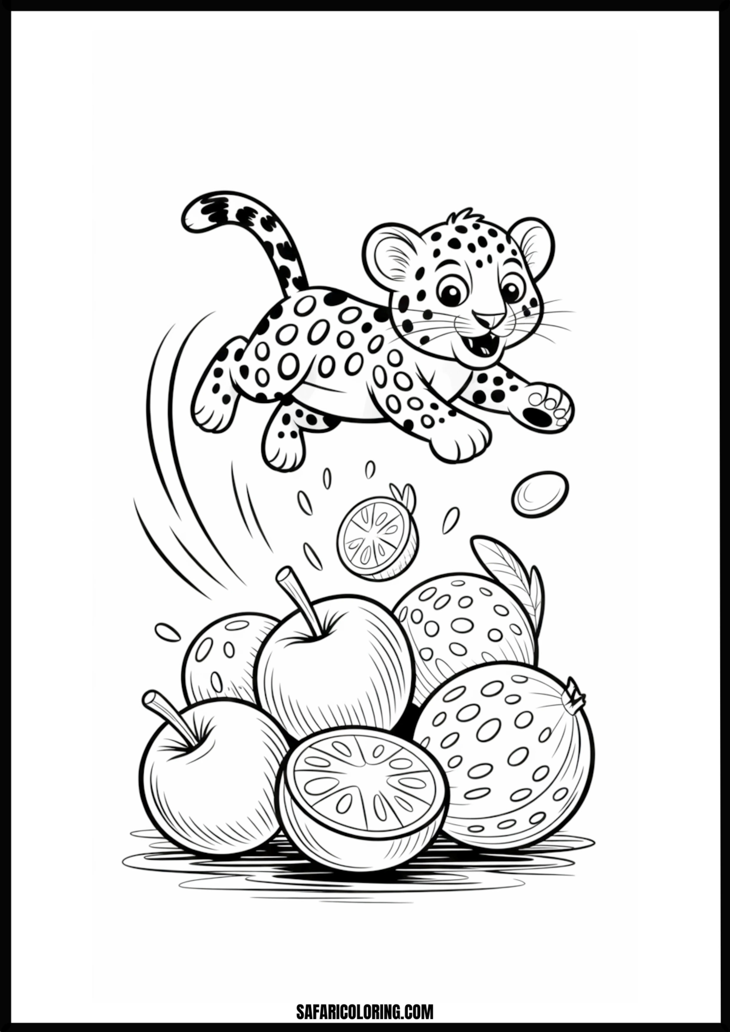 Cute leopard cub jumping over a pile of fruit