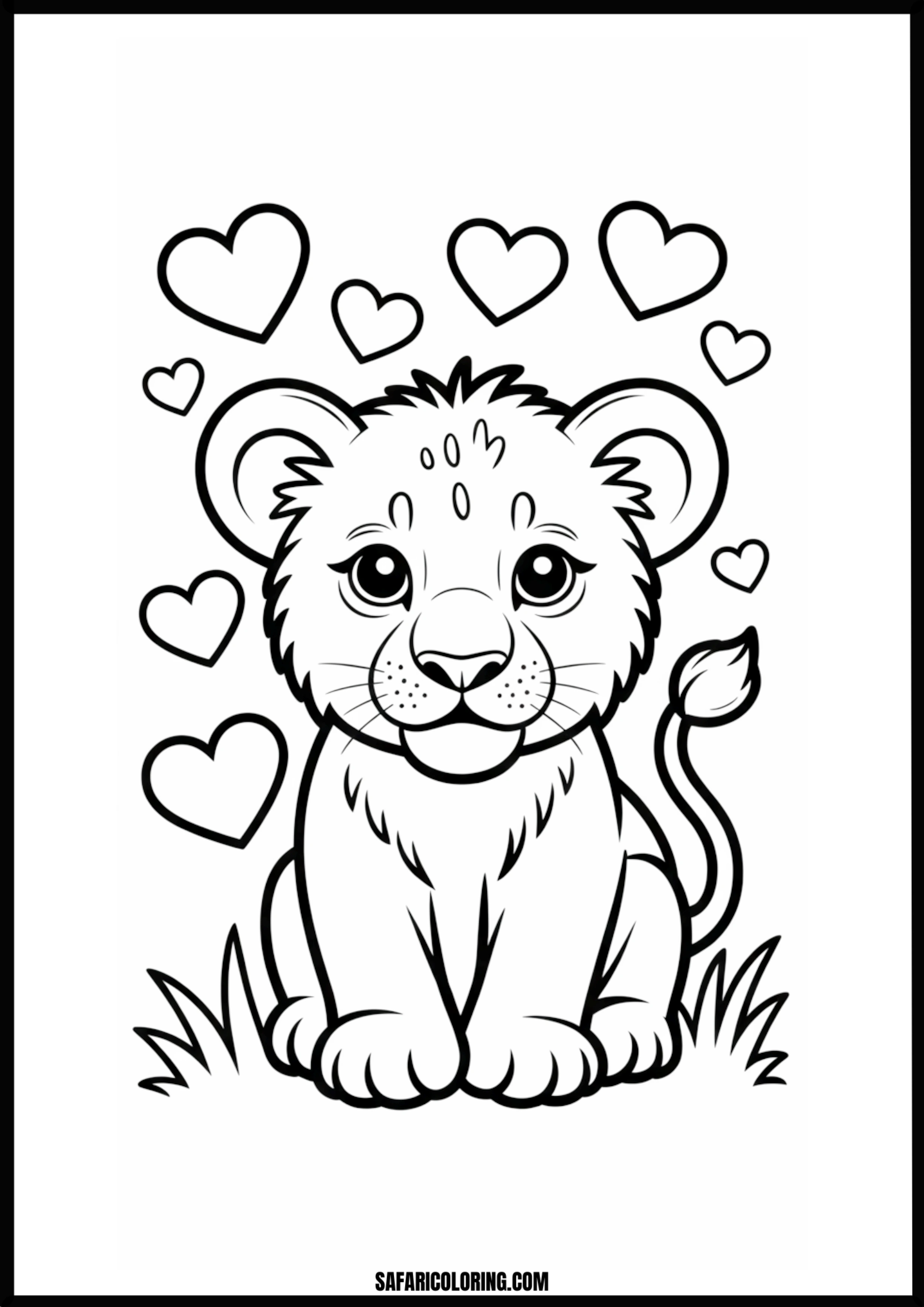 Cute lion cub surrounded by hearts coloring page
