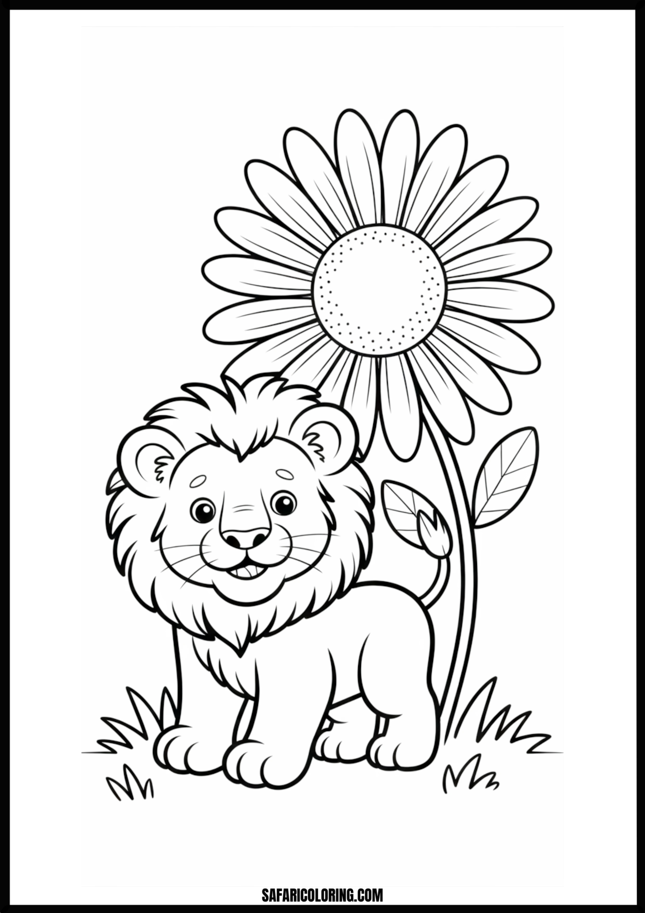 Cartoon lion cub sniffing a flower coloring page.