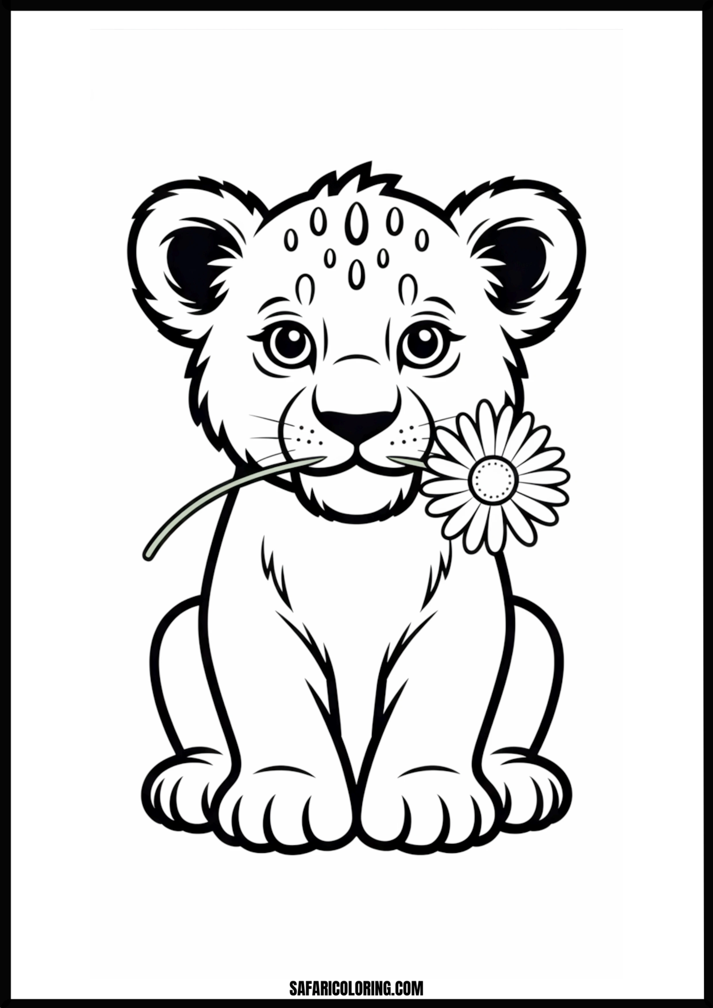 Cute leopard cub sniffing a daisy flower coloring page