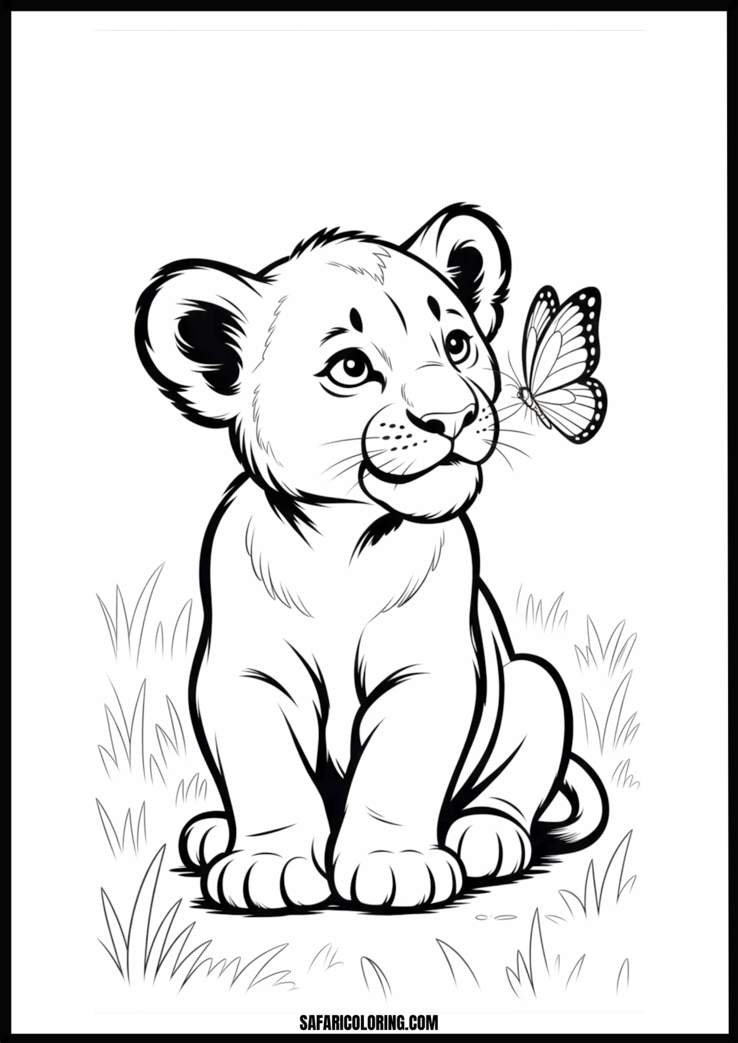 Cute lion cub with a butterfly coloring page.