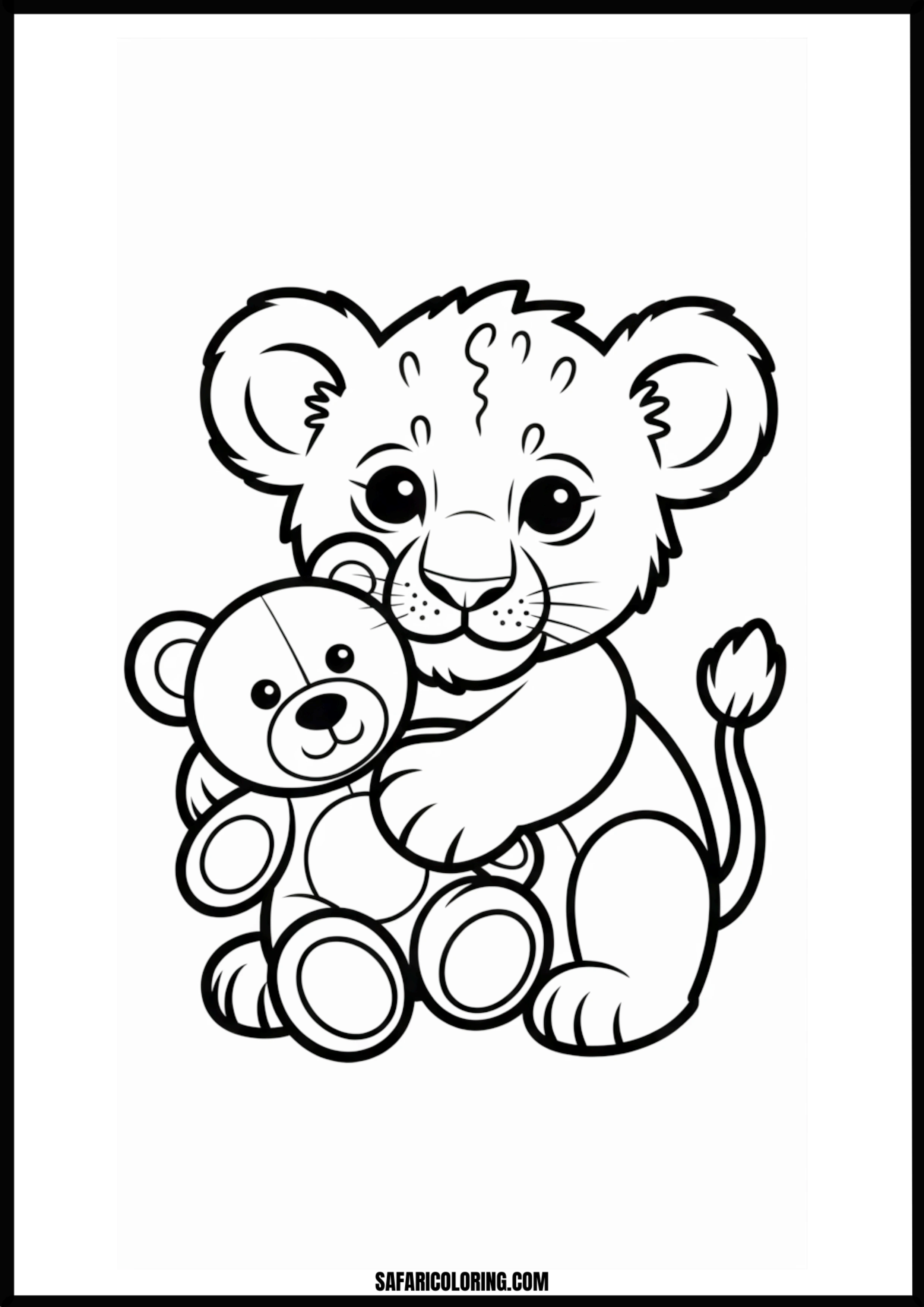 Cute lion cub hugging a teddy bear coloring page