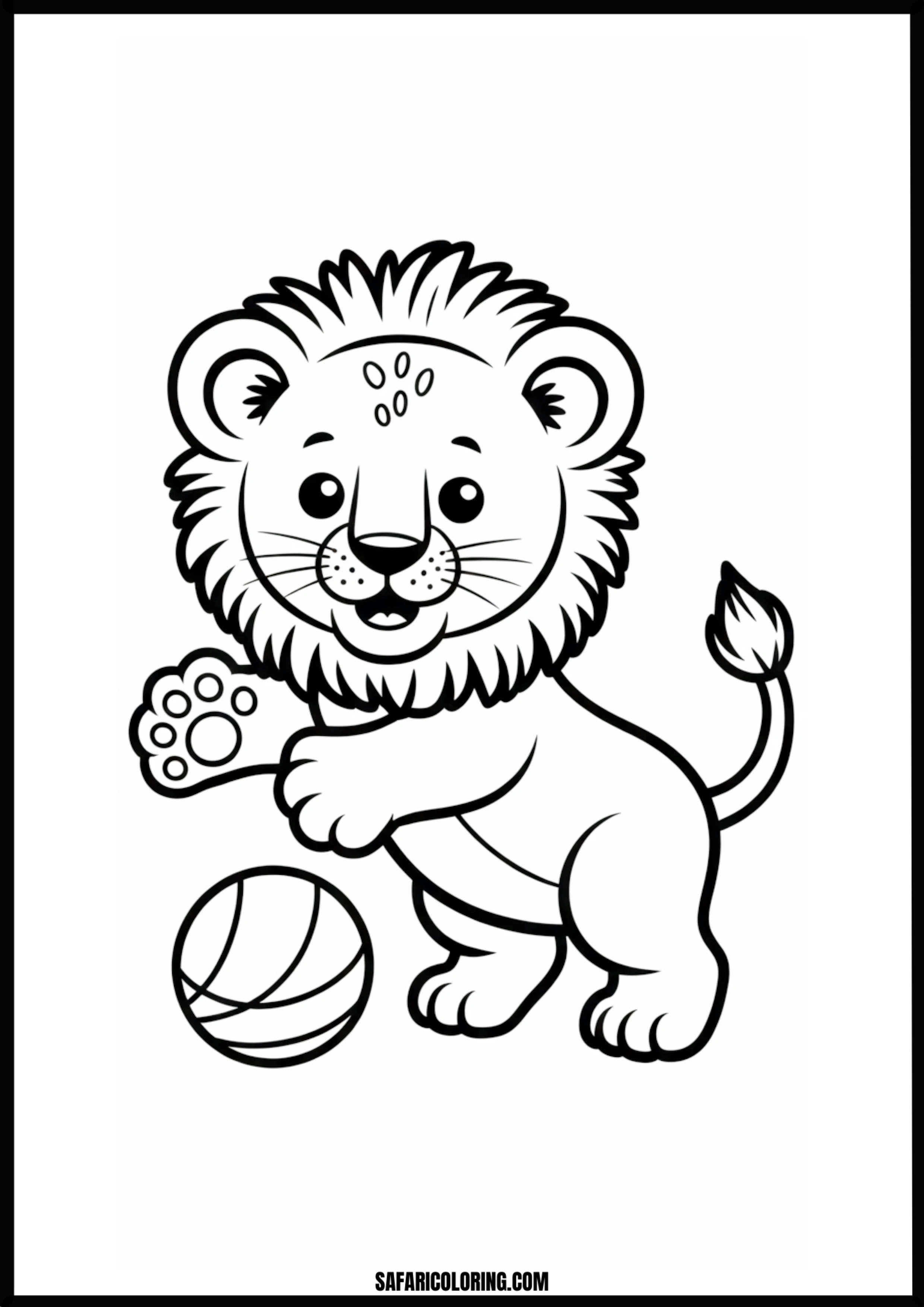 Playful lion cub playing with a ball coloring page.