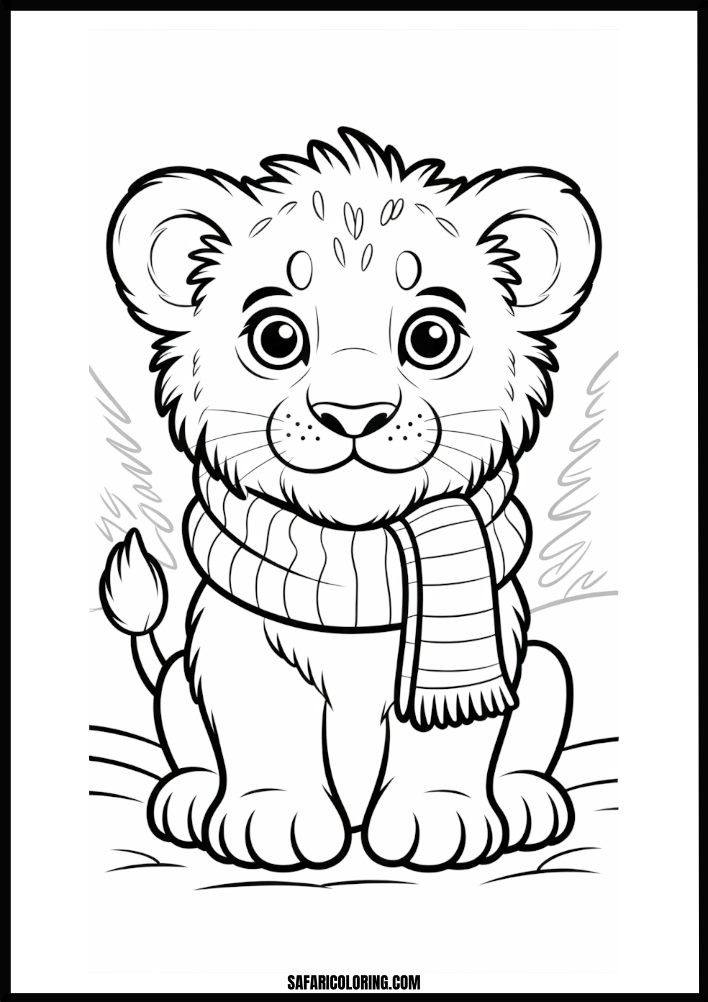 Cute lion cub wearing a scarf coloring page.
