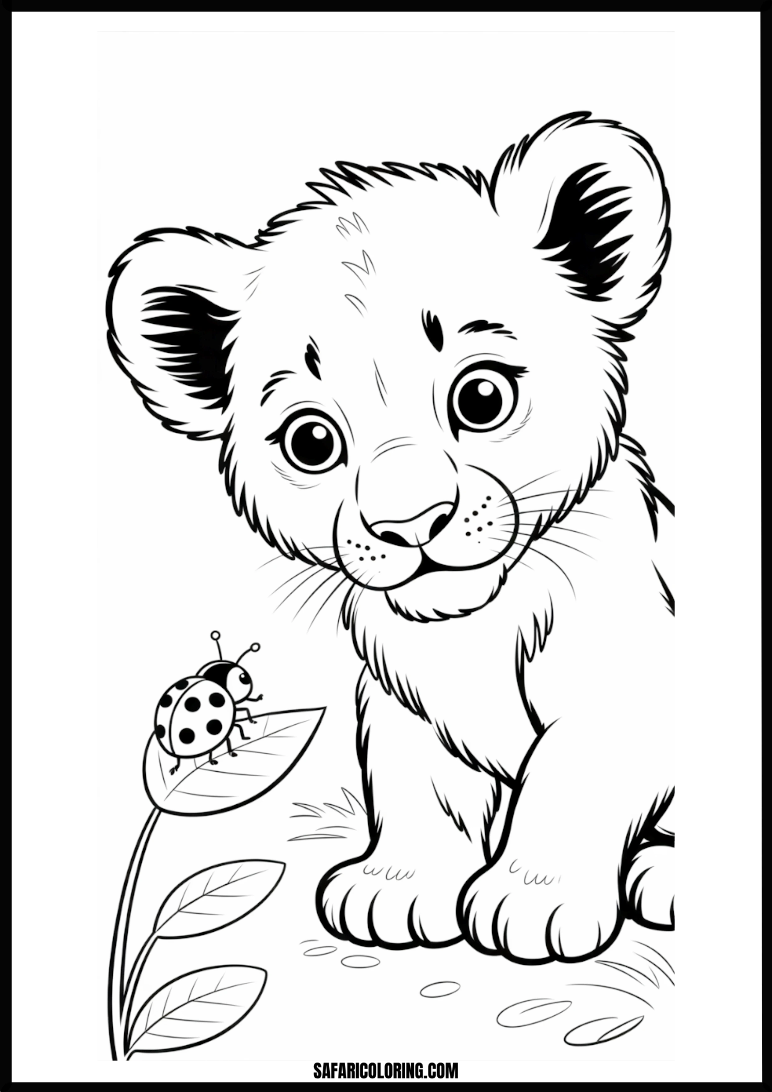 Lion cub looking at a ladybug coloring page.