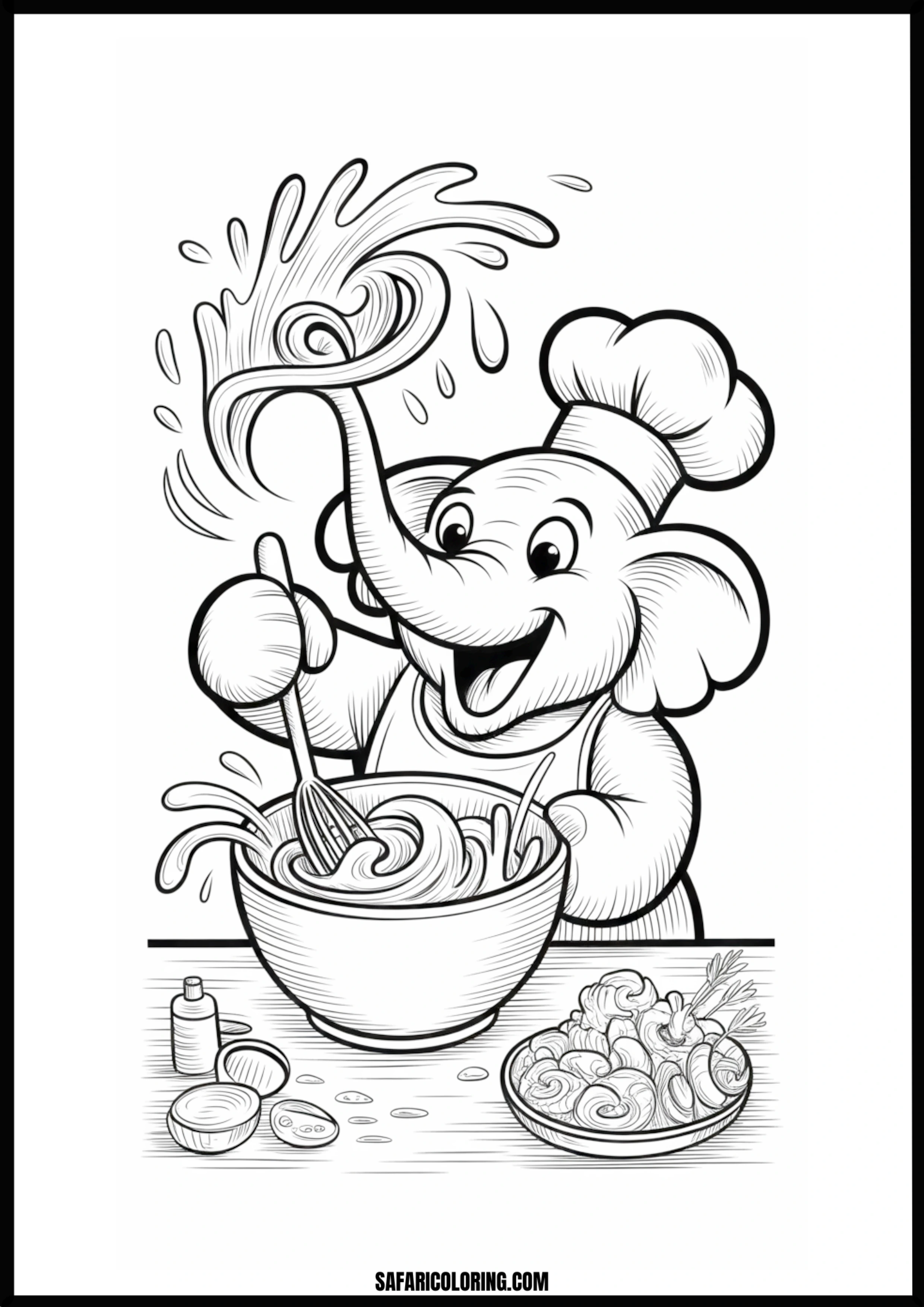 Elephant chef splashing batter in the kitchen