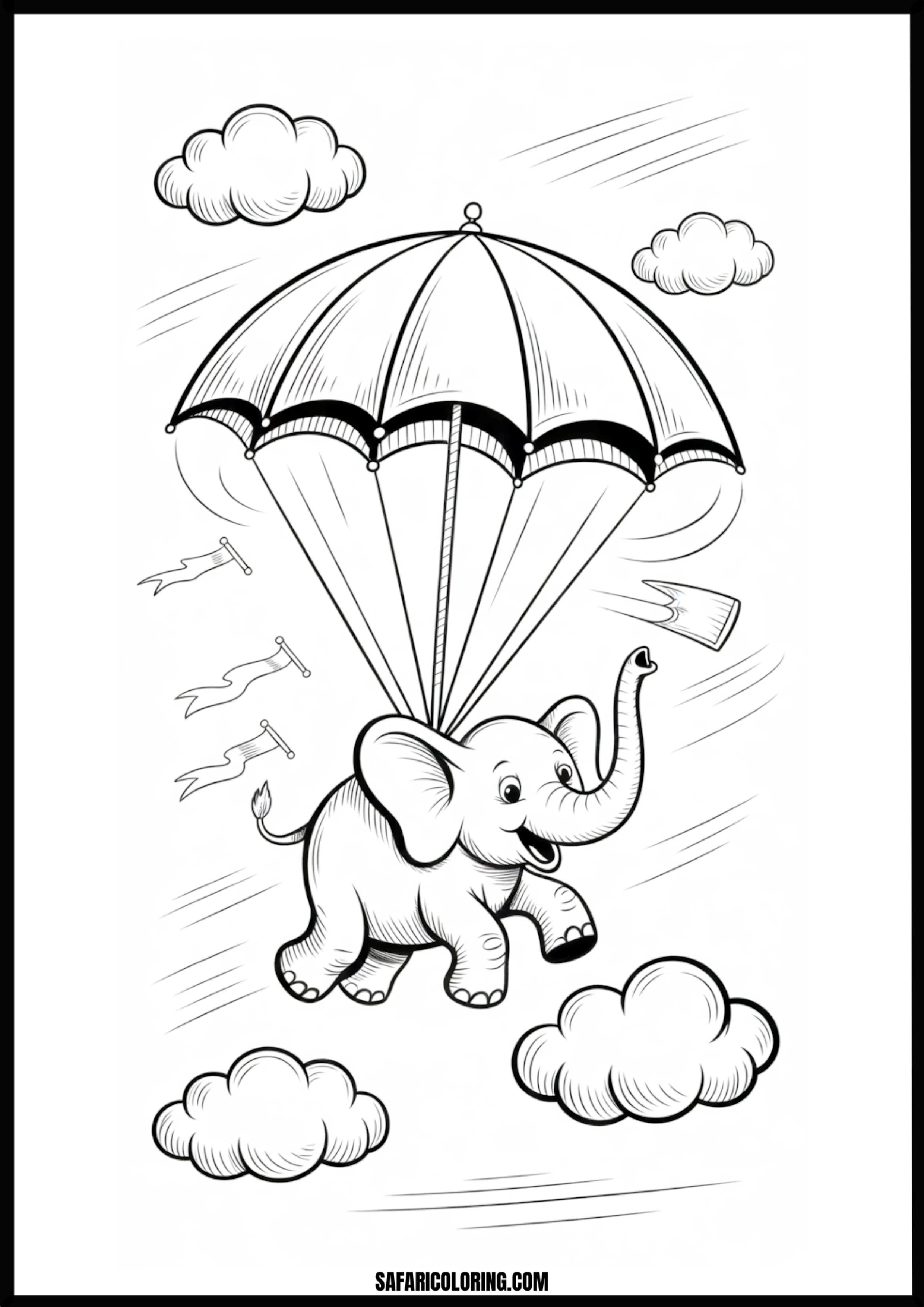 Elephant flying through clouds holding an umbrella